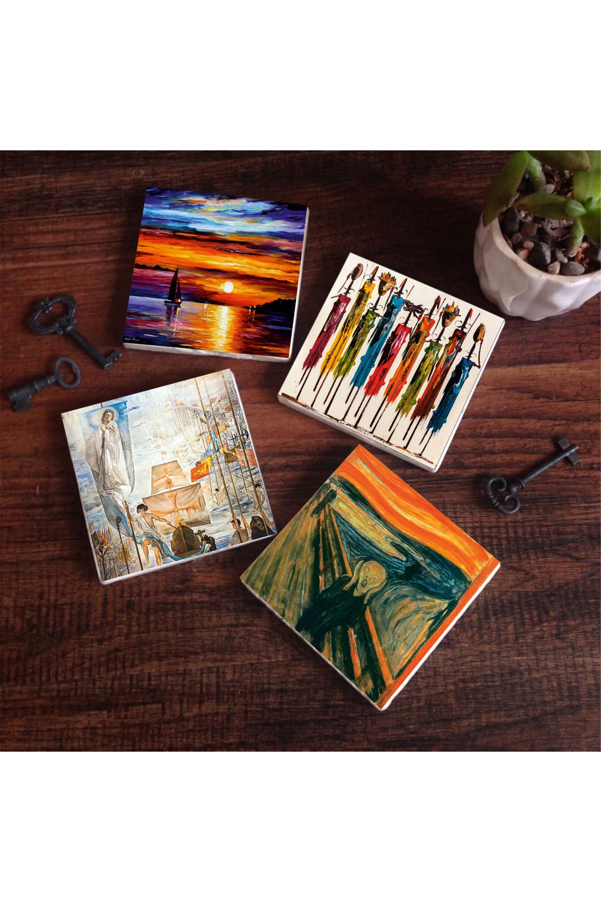 Dalí Discovery of America, The Scream, Native Women, Seascape Stone Coasters Desktop Protective Coaster 4 Piece Set 10x10cm Stone Coasters