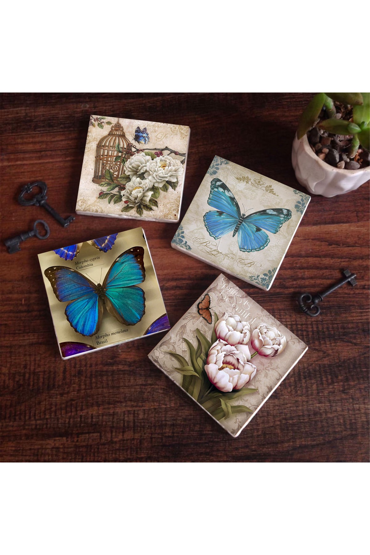 Kelebek Taş Bardak Altlığı Masaüstü Koruyucu Altlık 4 Parça Set 10x10cm Stone Coasters