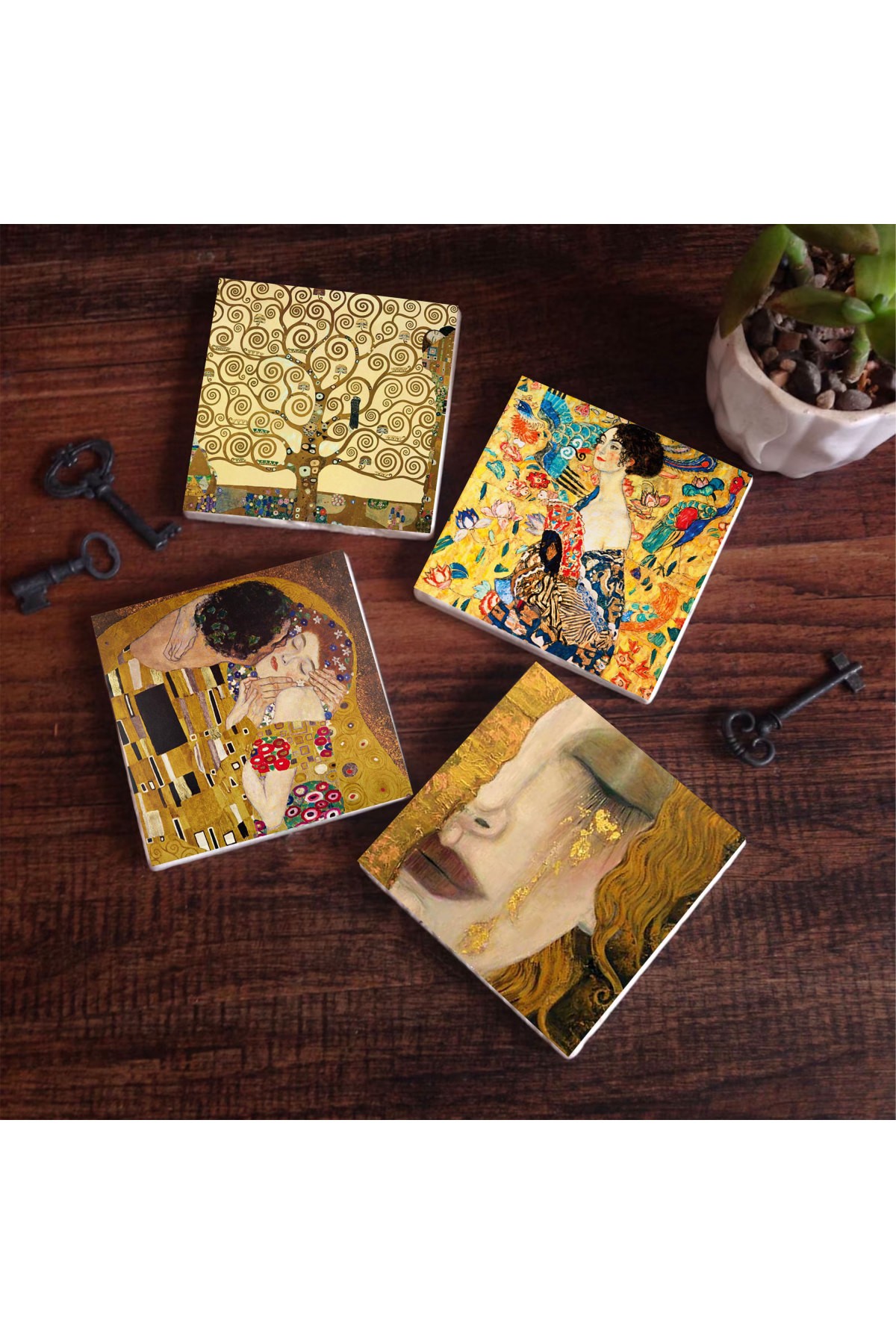 Gustav Klimt Yelpazeli Kadın, Altın Gözyaşları, Öpücük, Hayat Ağacı Taş Bardak Altlığı Masaüstü Koruyucu Altlık 4 Parça Set 10x10cm Stone Coasters