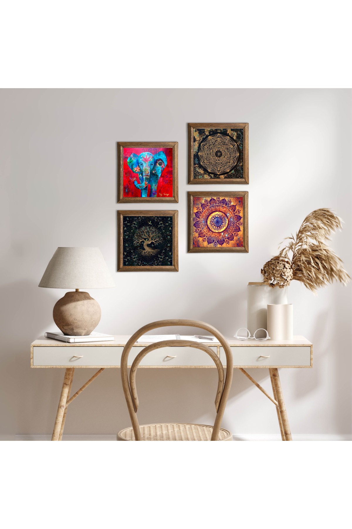 Mandala, Fil, Sri Yantra, Hayat Ağacı Taş Duvar Tablosu Ahşap Çerçeveli Duvar Dekoru 4 Parça Tablo Seti Wall Art