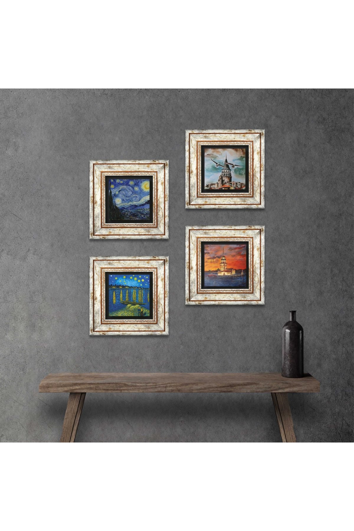 Van Gogh, Istanbul Galata Tower, Maiden's Tower Stone Wall Painting Framed Wall Decor 4 Piece Painting Set Wall Art