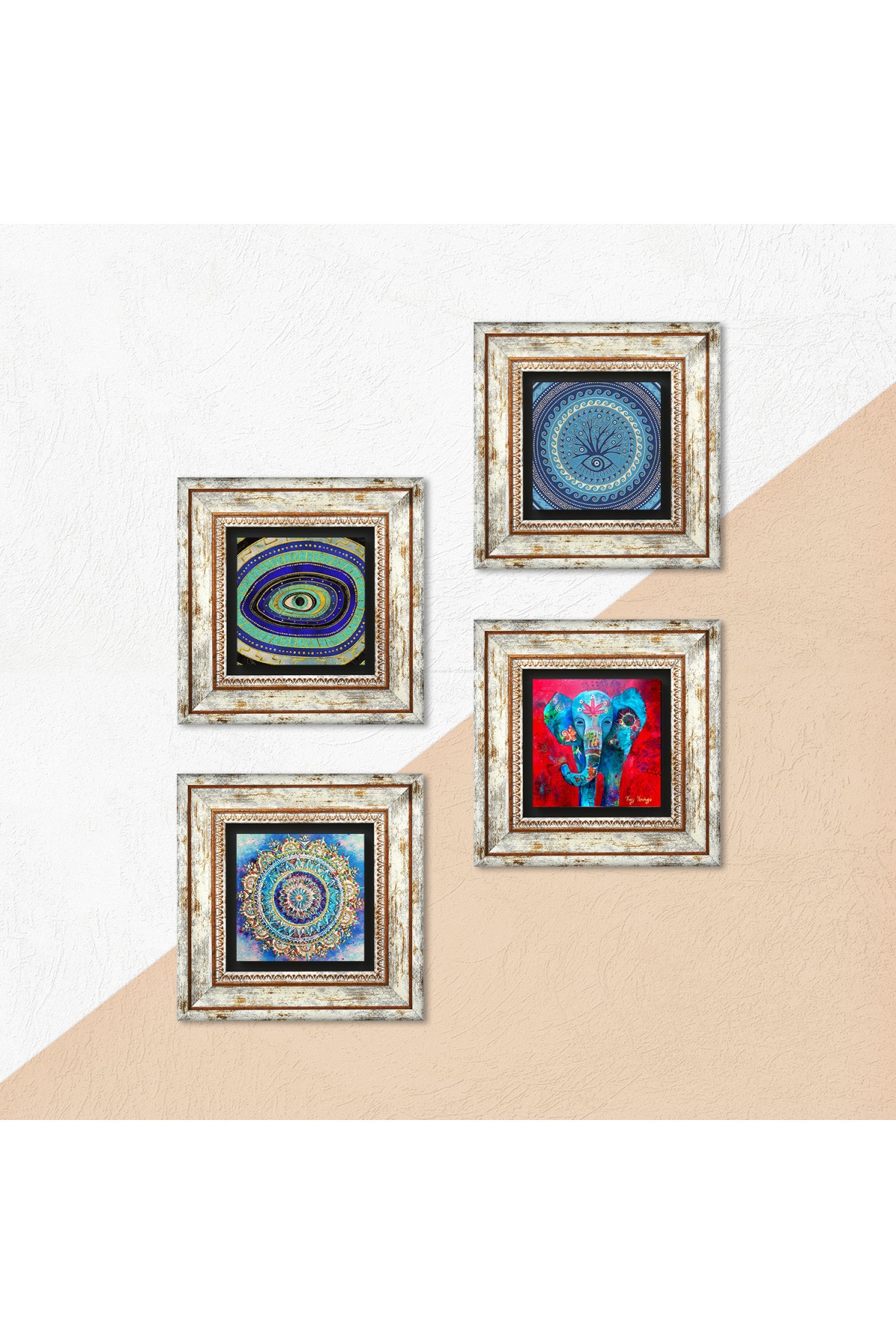 Mandala, Elephant, Evil Eye Stone Wall Painting Framed Wall Decor 4 Piece Painting Set Wall Art