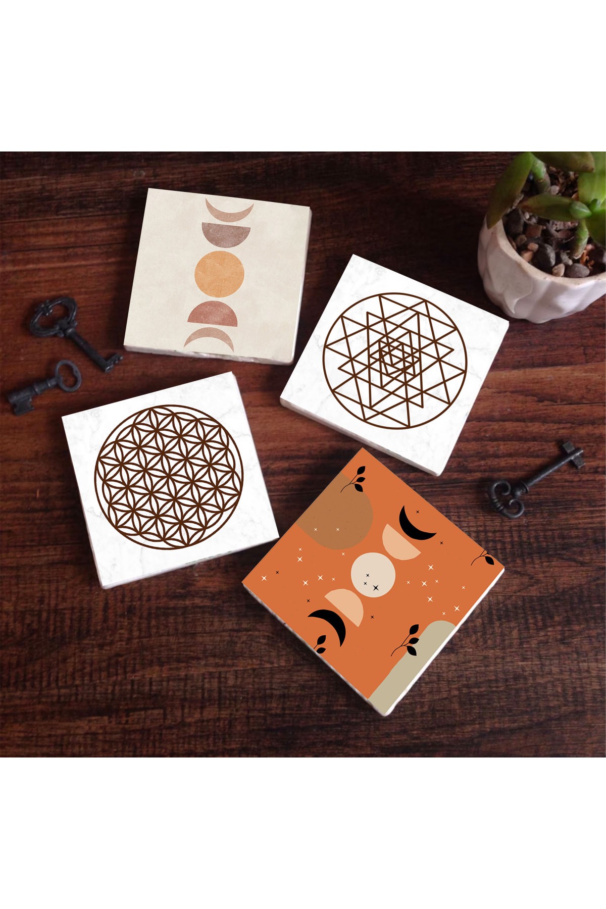 Bohem, Minimalist Soyut, Yaşam Çiçeği, Sri Yantra Taş Bardak Altlığı Masaüstü Koruyucu Altlık 4 Parça Set 10x10cm Stone Coasters