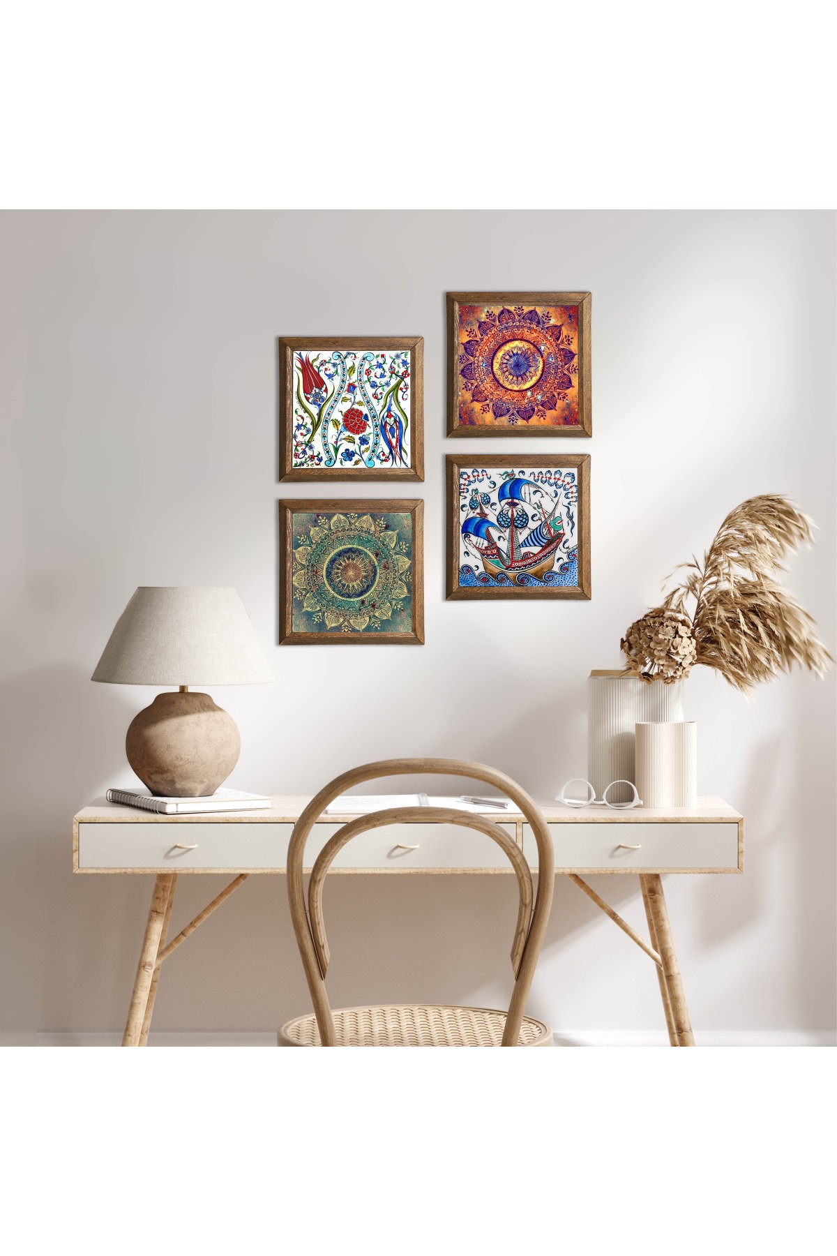 Mandala, Lale, Çini Sanatı Yelkenli Gemi Taş Duvar Tablosu Ahşap Çerçeveli Duvar Dekoru 4 Parça Tablo Seti Wall Art