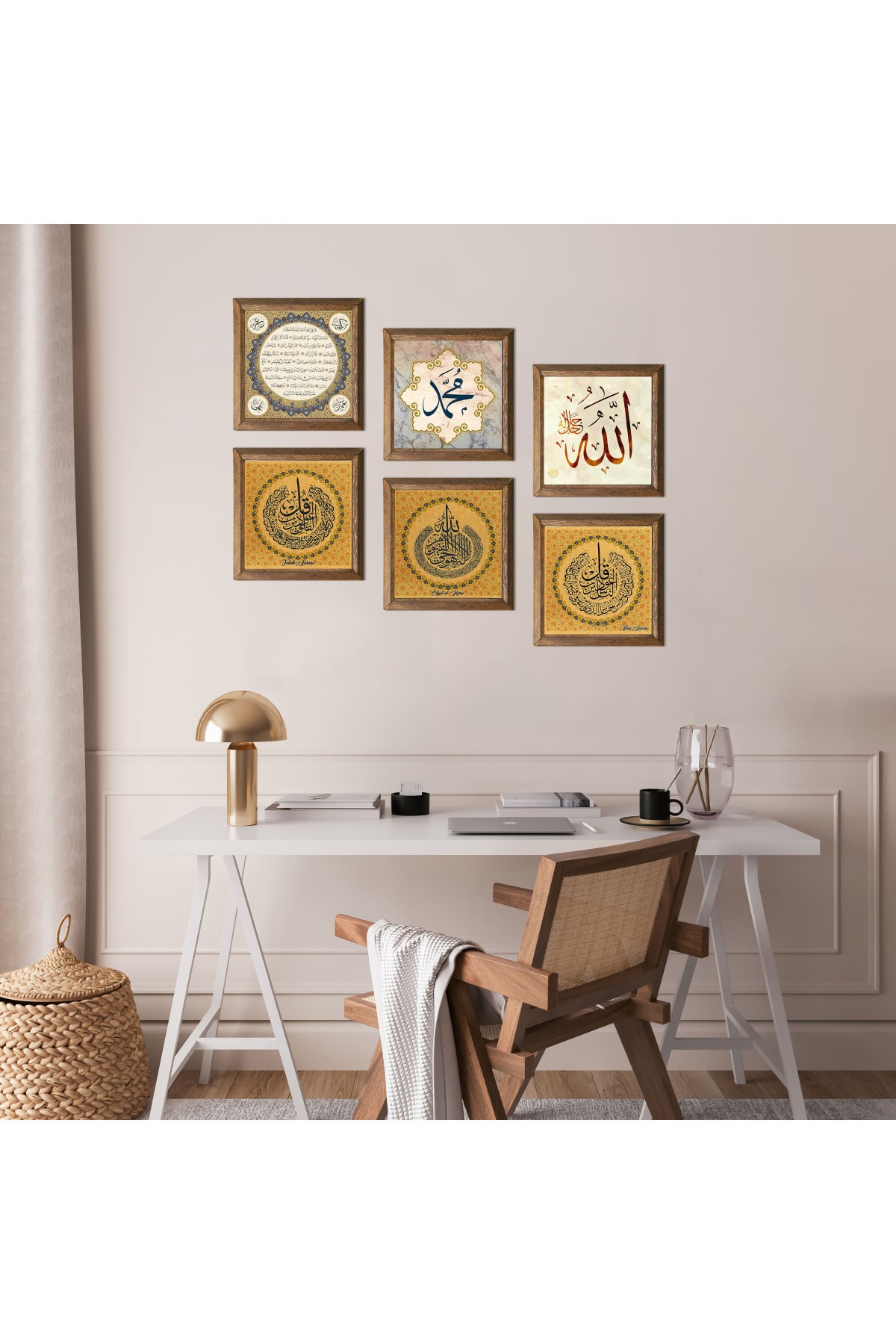 İslami Taş Duvar Tablosu Ahşap Çerçeveli Duvar Dekoru 6 Parça Tablo Seti Wall Art