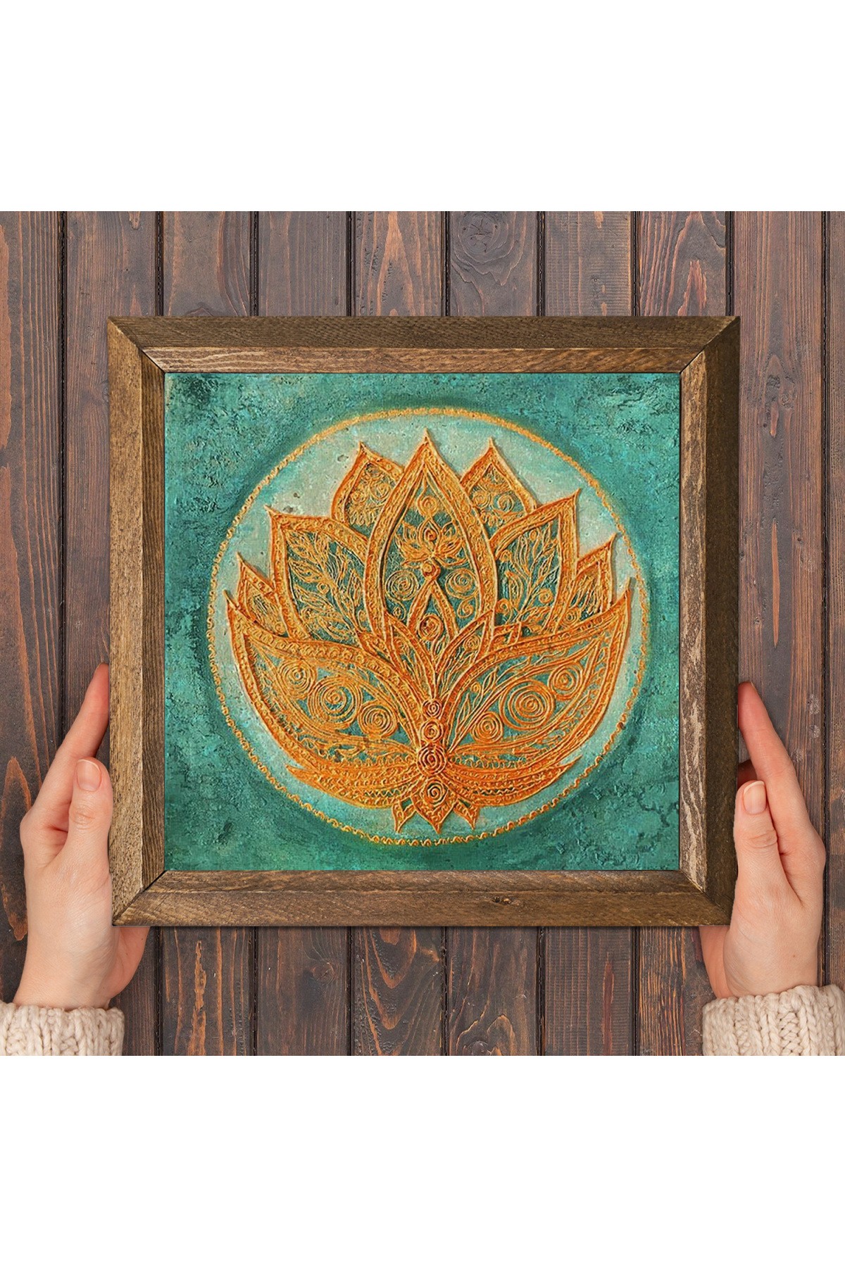 Lotus Çiçeği Taş Duvar Tablosu Ahşap Çerçeveli Duvar Dekoru Wall Art 25x25cm