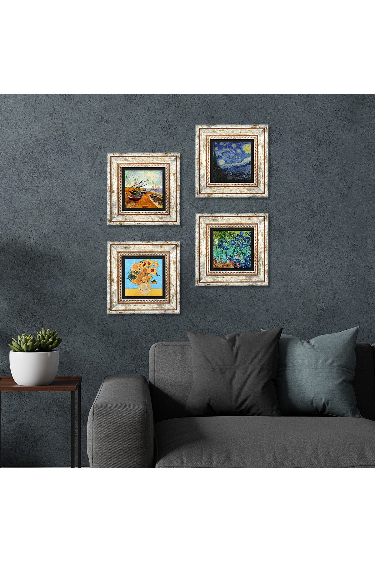 Van Gogh Taş Duvar Tablosu Çerçeveli Duvar Dekoru 4 Parça Tablo Seti Wall Art