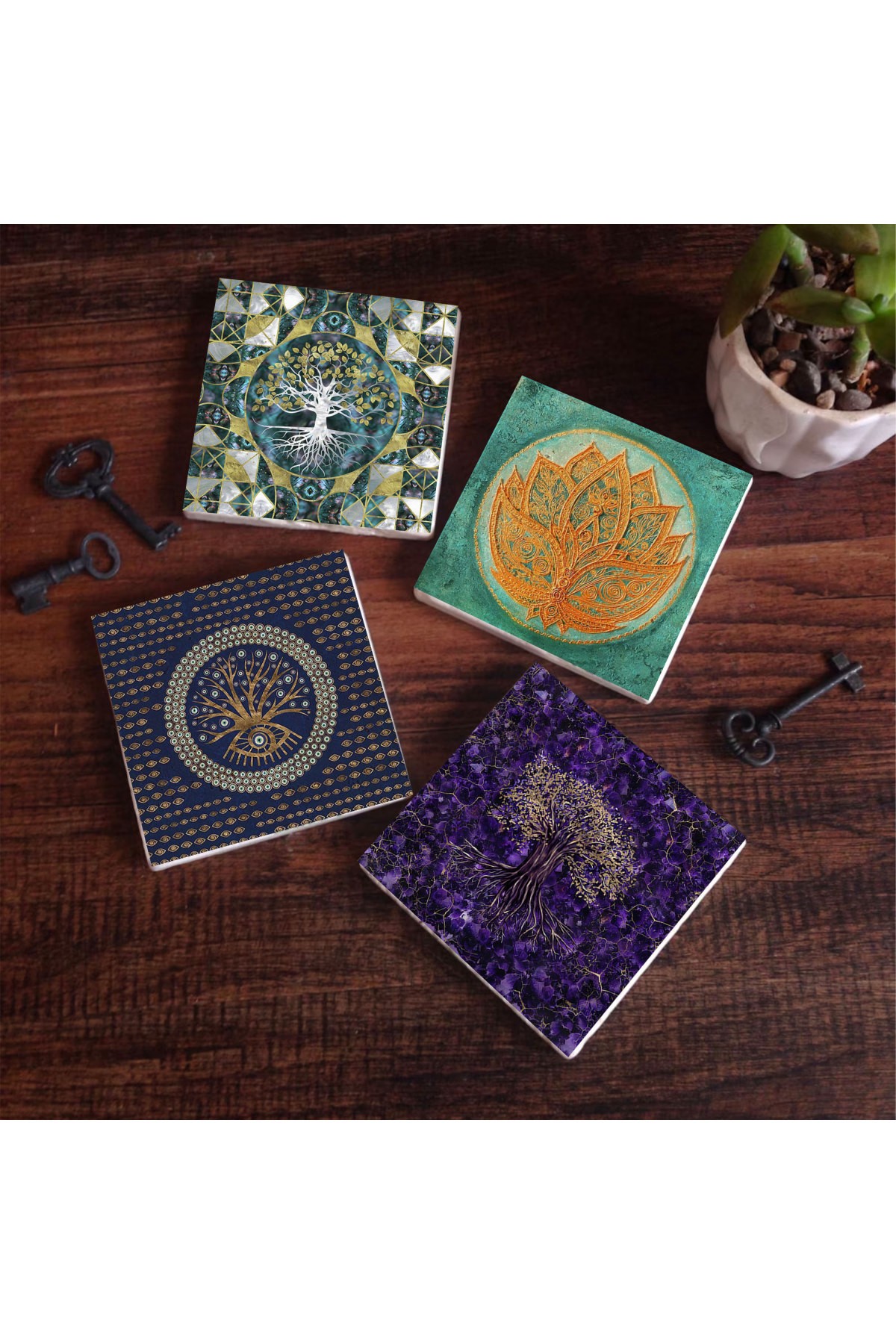 Hayat Ağacı, Nazar, Lotus Çiçeği Taş Bardak Altlığı Masaüstü Koruyucu Altlık 4 Parça Set 10x10cm Stone Coasters