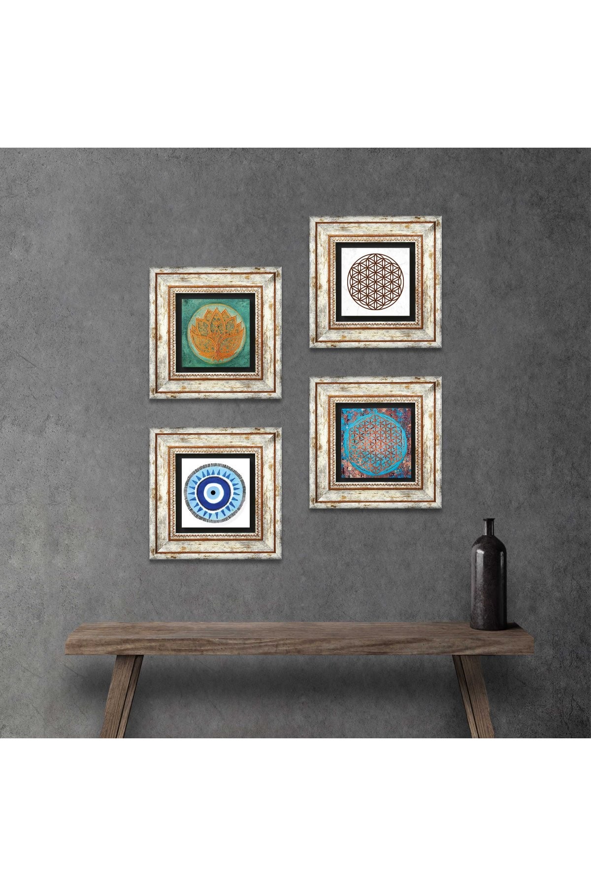 Evil Eye, Lotus Flower, Flower of Life Stone Wall Painting Framed Wall Decor 4 Piece Painting Set Wall Art