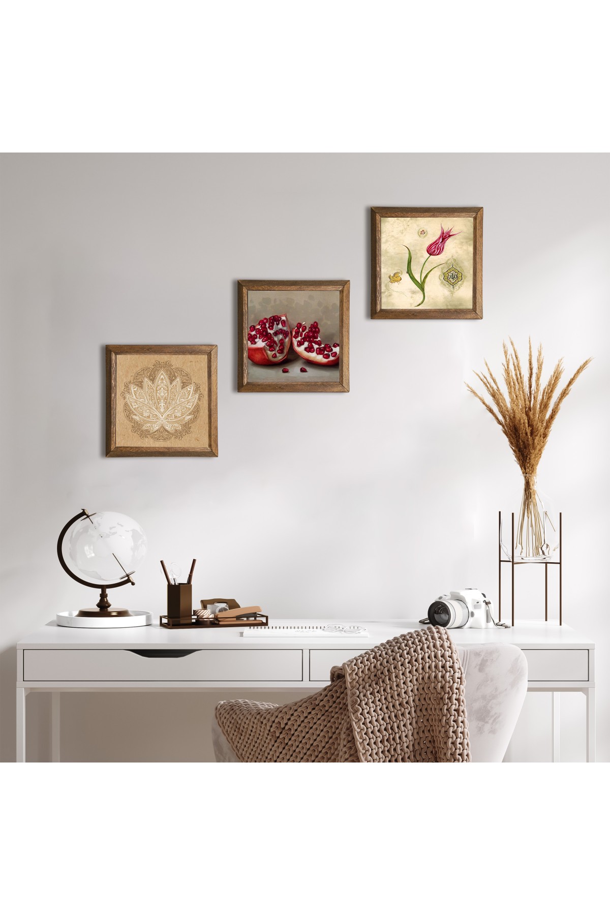 Lotus Çiçeği, Lale Ebru Sanatı, Nar Taş Duvar Tablosu Ahşap Çerçeveli Duvar Dekoru 3 Parça Tablo Seti Wall Art