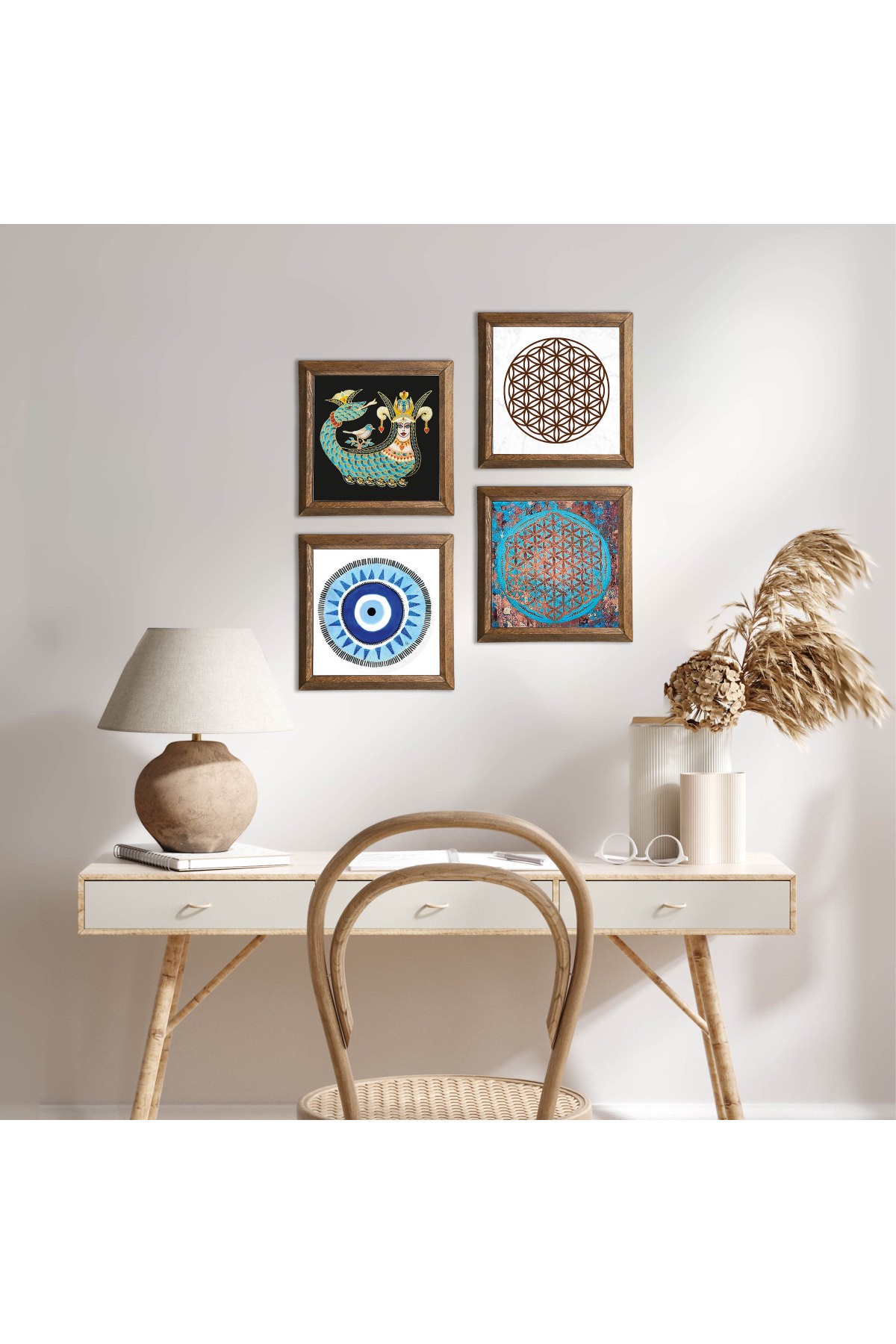 Evil Eye, Flower of Life, Shahmaran Stone Wall Painting Wooden Framed Wall Decor 4 Piece Painting Set Wall Art