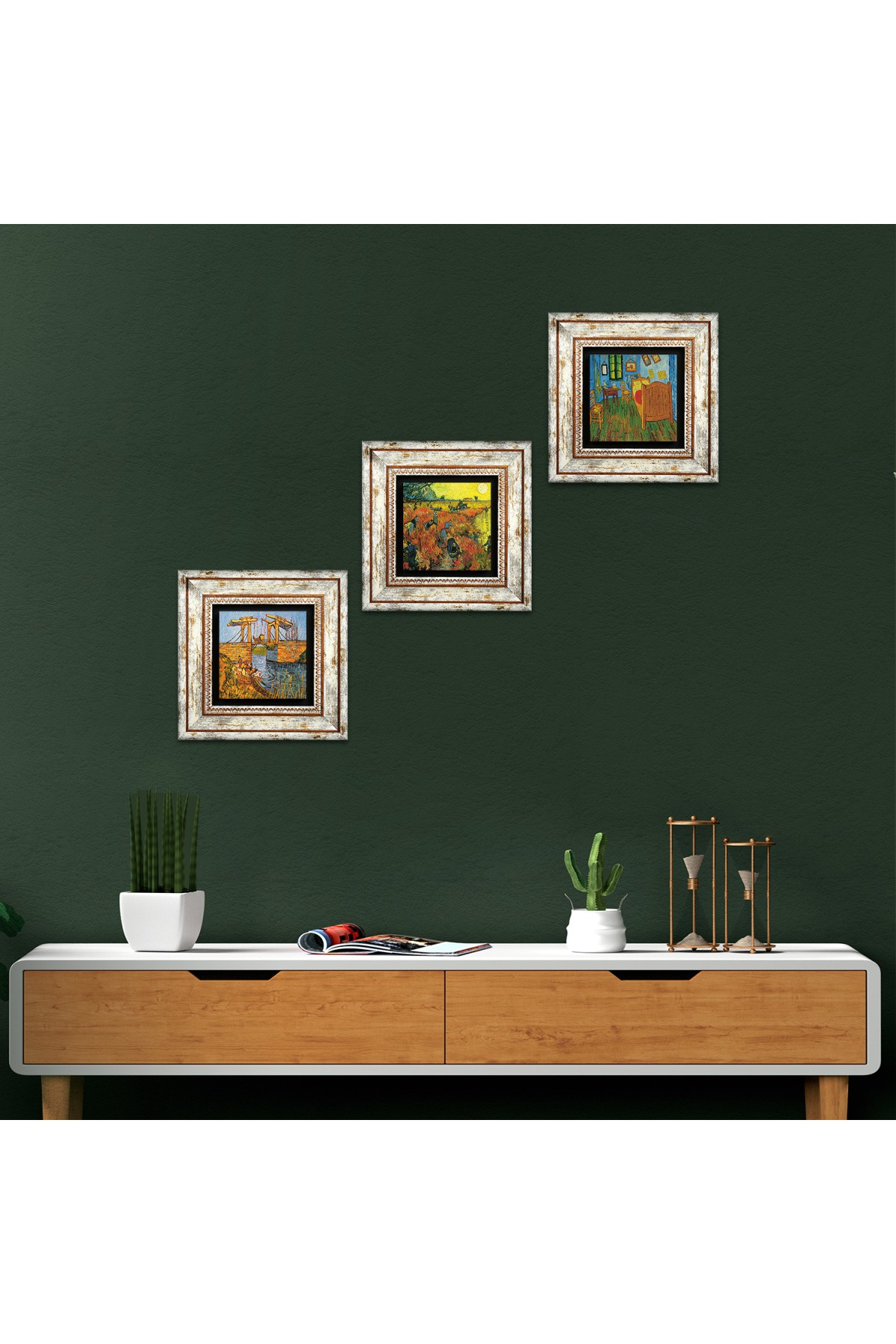 Van Gogh Taş Duvar Tablosu Çerçeveli Duvar Dekoru 3 Parça Tablo Seti Wall Art