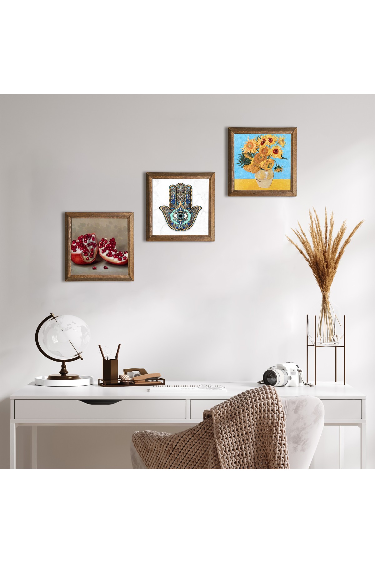 Van Gogh Vase with Twelve Sunflowers, Pomegranate, Mother of Fatima Hand (Hamsa) Stone Wall Painting Wooden Framed Wall Decor 3 Piece Painting Set Wall Art