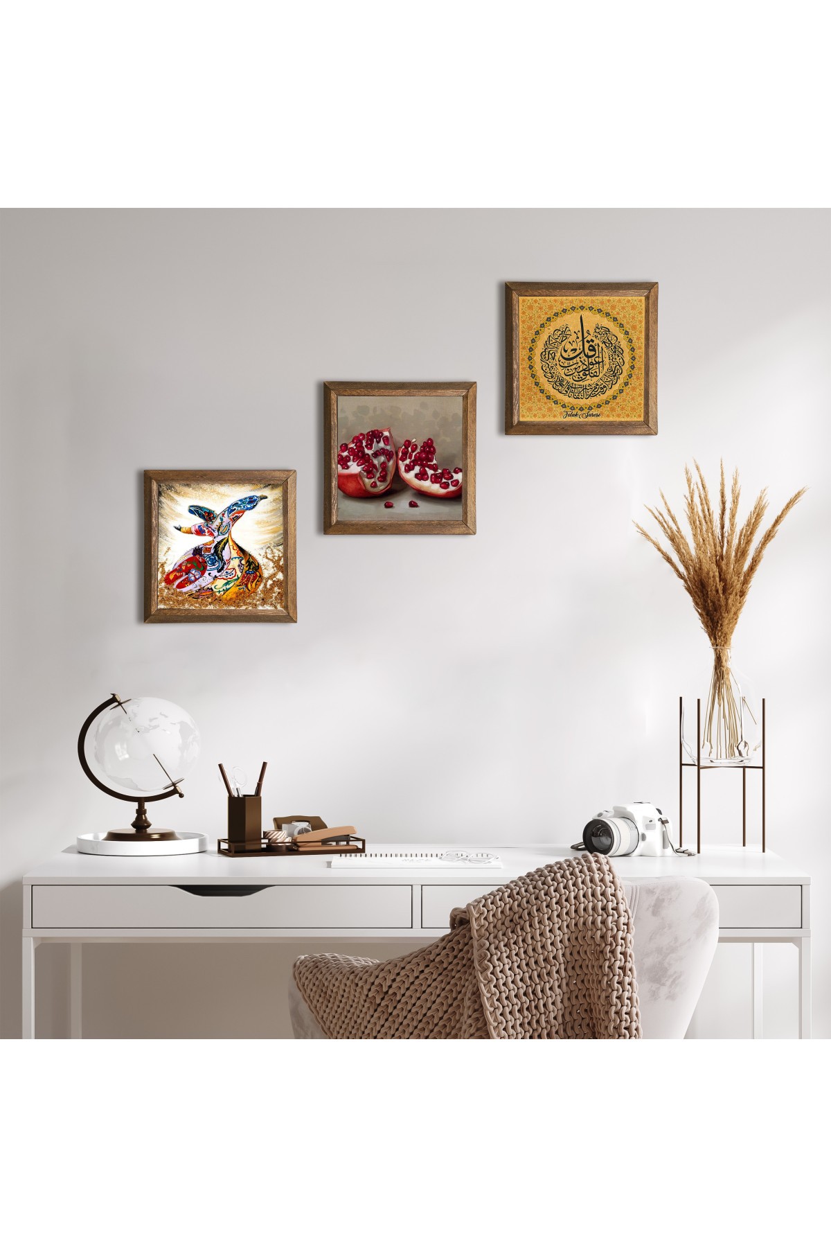 Ayet-el Kursi, Whirling Dervishes, Pomegranate Stone Wall Painting Wooden Framed Wall Decor 3 Piece Painting Set Wall Art