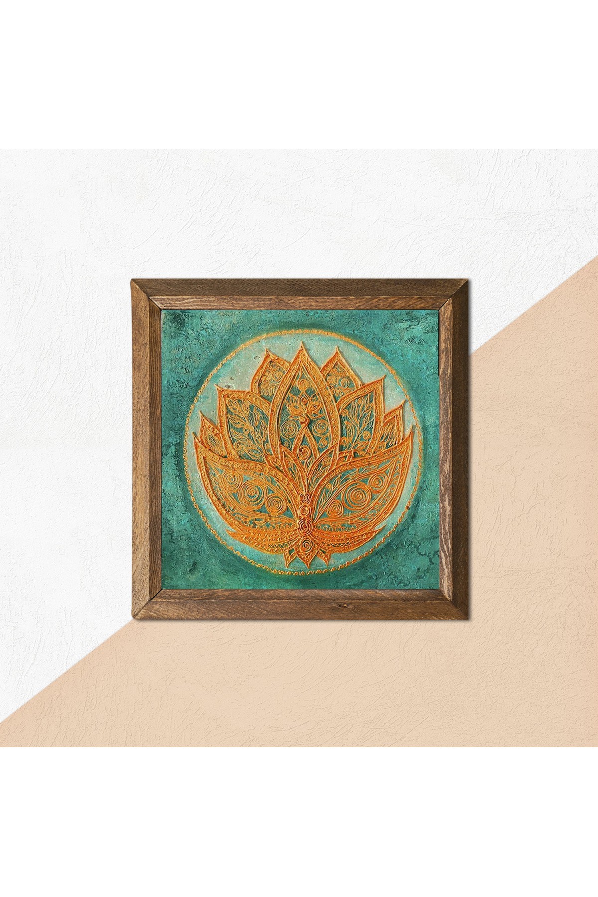 Lotus Çiçeği Taş Duvar Tablosu Ahşap Çerçeveli Duvar Dekoru Wall Art 25x25cm