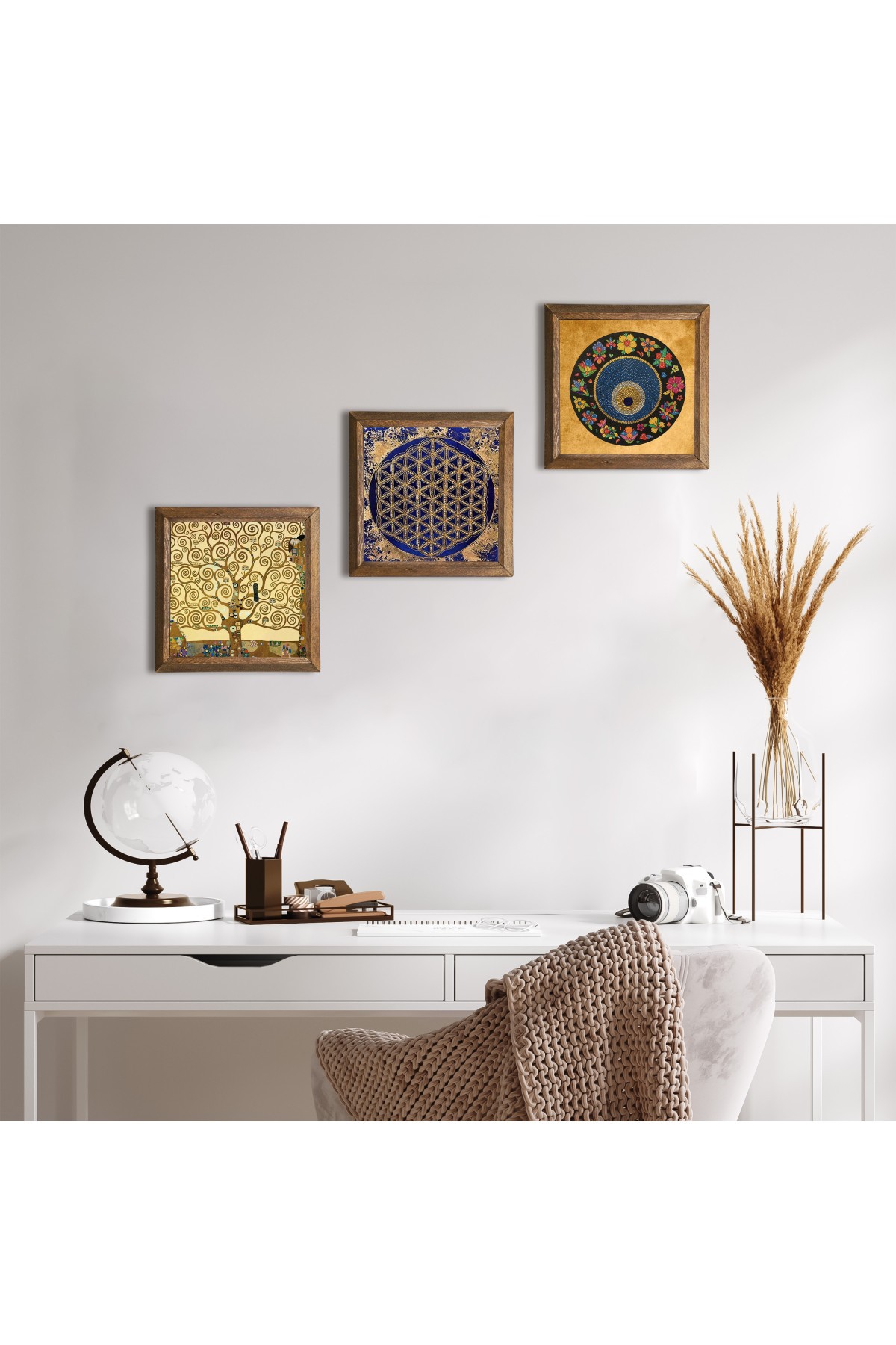 Flower of Life, Evil Eye Bead, Gustav Klimt Tree of Life Stone Wall Painting Wooden Framed Wall Decor 3 Piece Painting Set Wall Art