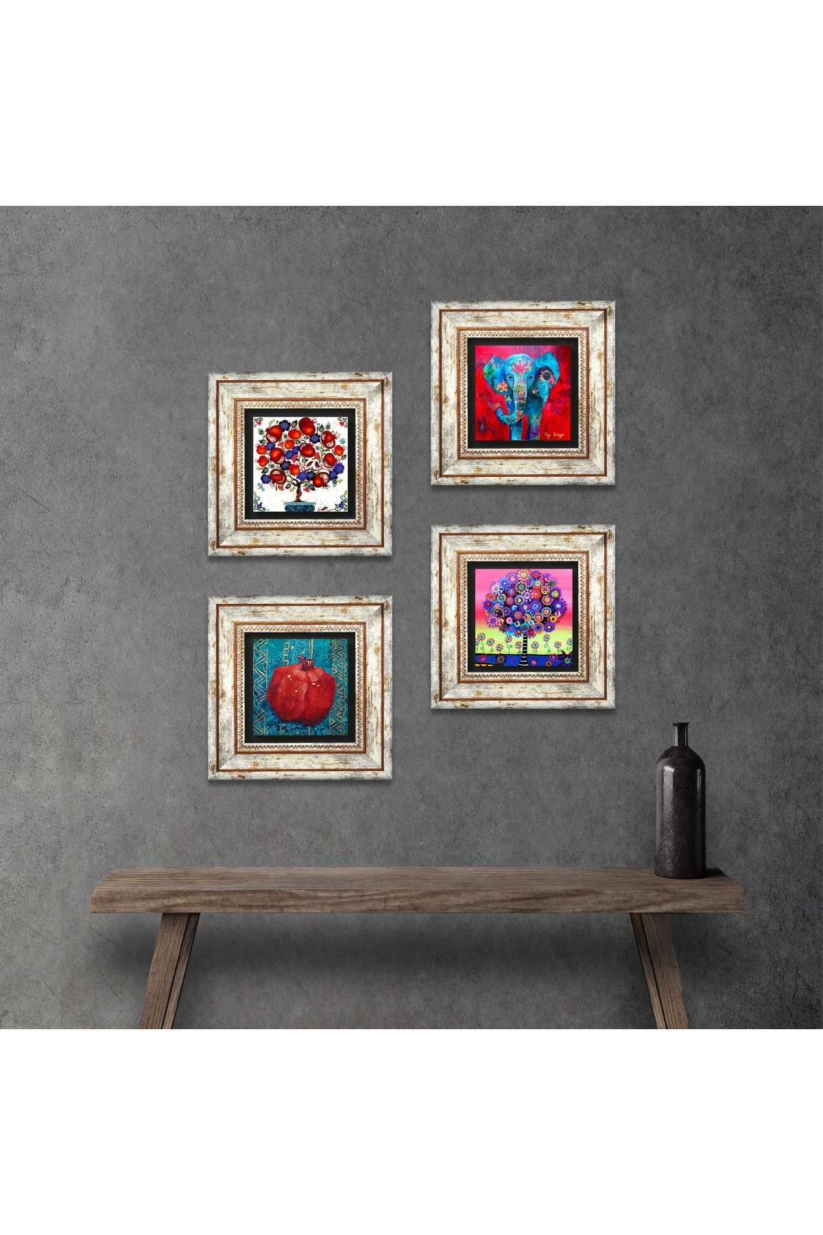 Elephant, Tree of Life, Pomegranate Tree, Pomegranate Stone Wall Painting Framed Wall Decor 4 Piece Painting Set Wall Art