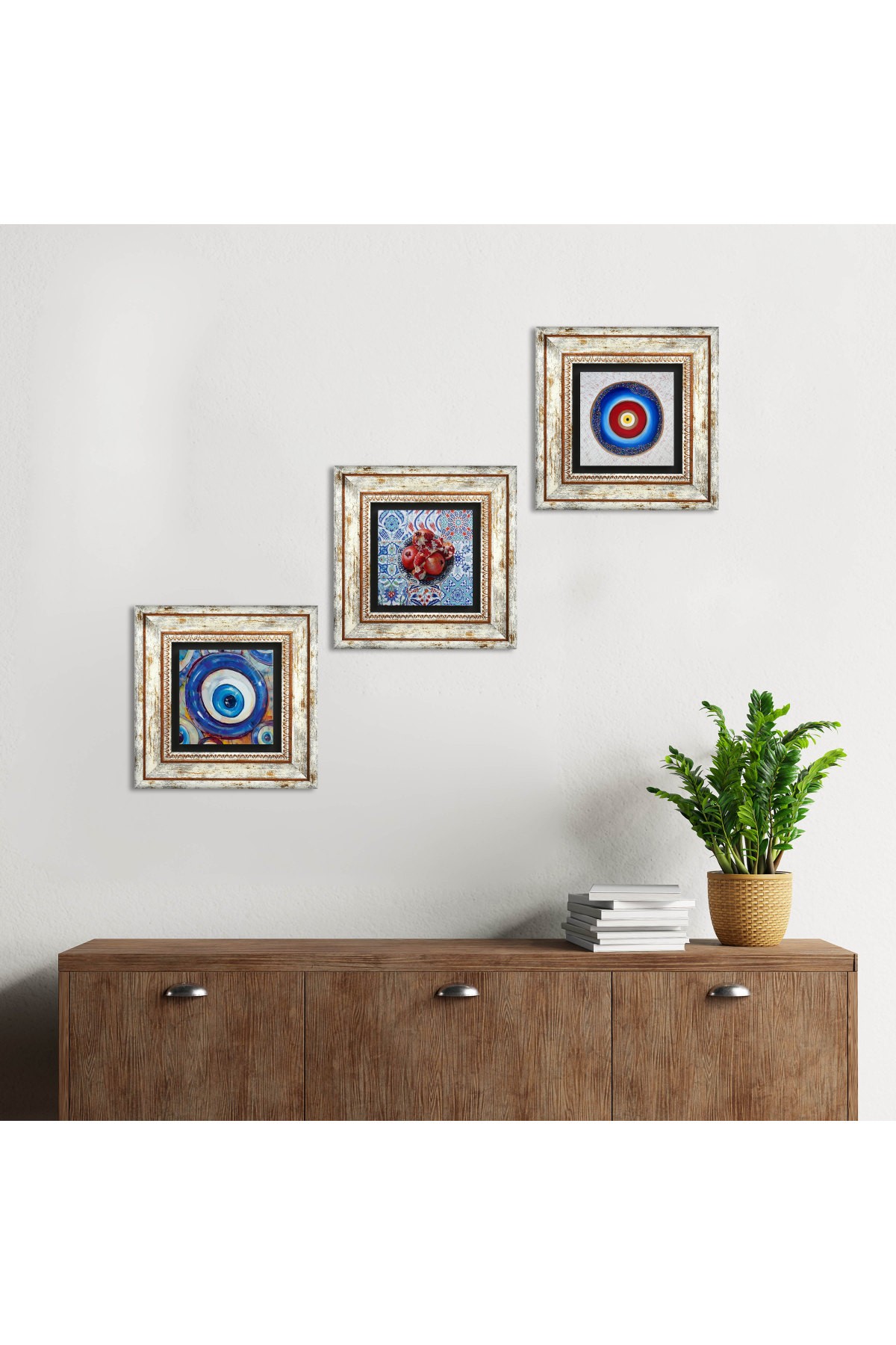 Nazar, Nar Taş Duvar Tablosu Çerçeveli Duvar Dekoru 3 Parça Tablo Seti Wall Art