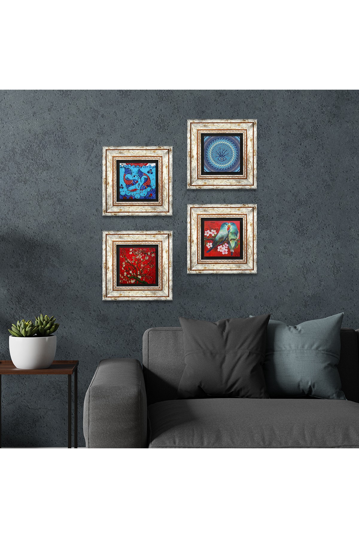 Bird, Evil Eye, Tile Art Fish, Van Gogh Almond Tree Stone Wall Painting Framed Wall Decor 4 Piece Painting Set Wall Art