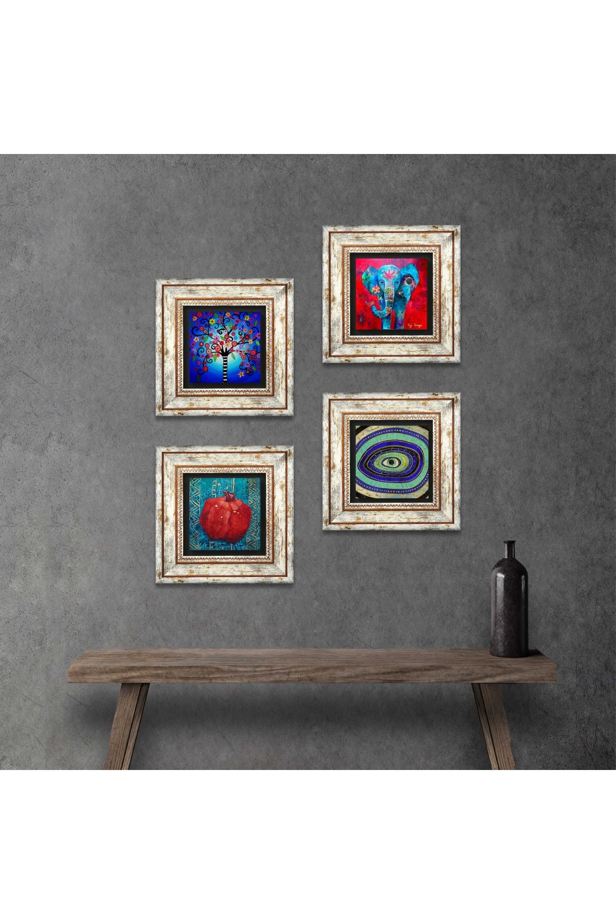 Elephant, Evil Eye, Tree of Life, Pomegranate Stone Wall Painting Framed Wall Decor 4 Piece Painting Set Wall Art