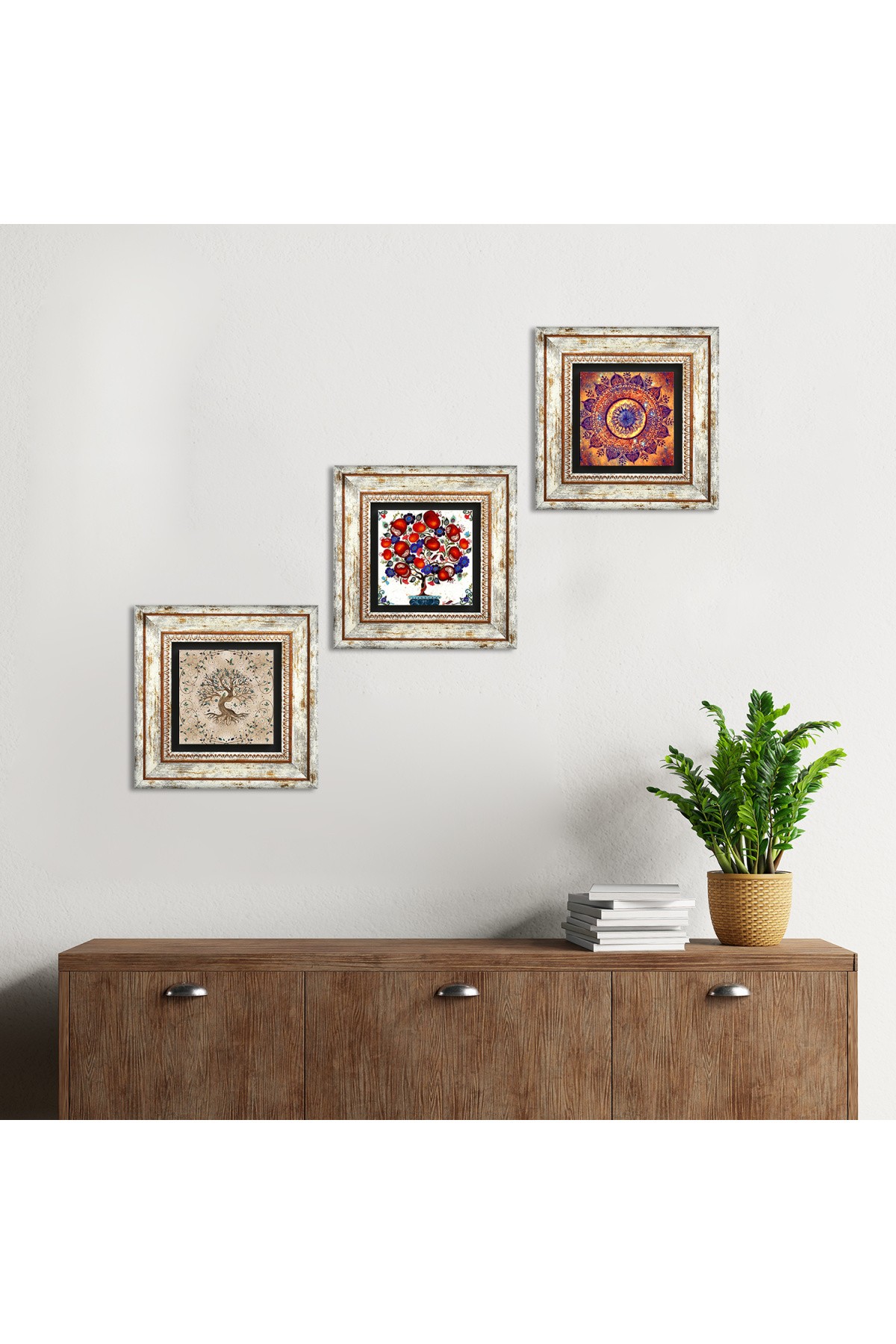 Mandala, Hayat Ağacı, Nar Ağacı Taş Duvar Tablosu Çerçeveli Duvar Dekoru 3 Parça Tablo Seti Wall Art