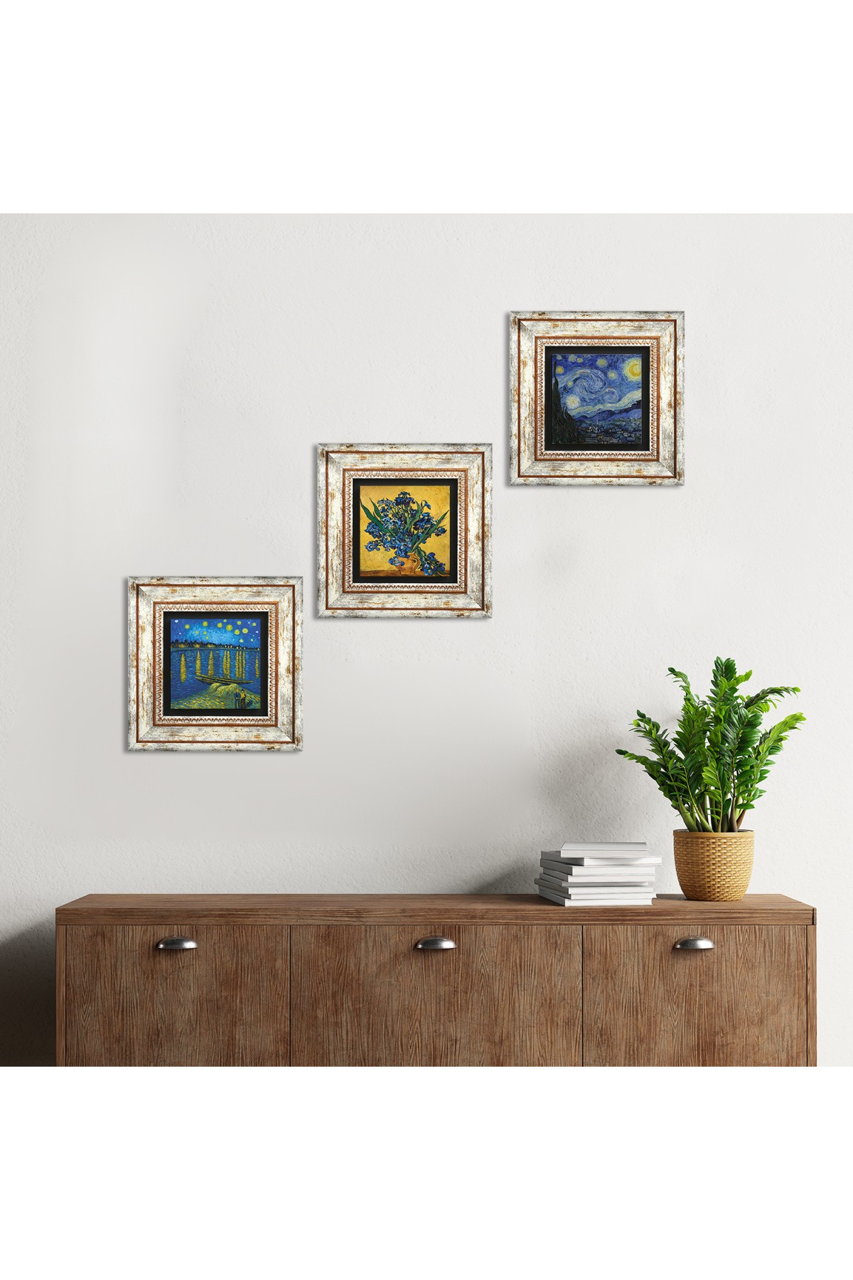 Van Gogh Ren Nehri, Süsenler, Yıldızlı Gece Taş Duvar Tablosu Çerçeveli Duvar Dekoru 3 Parça Tablo Seti Wall Art