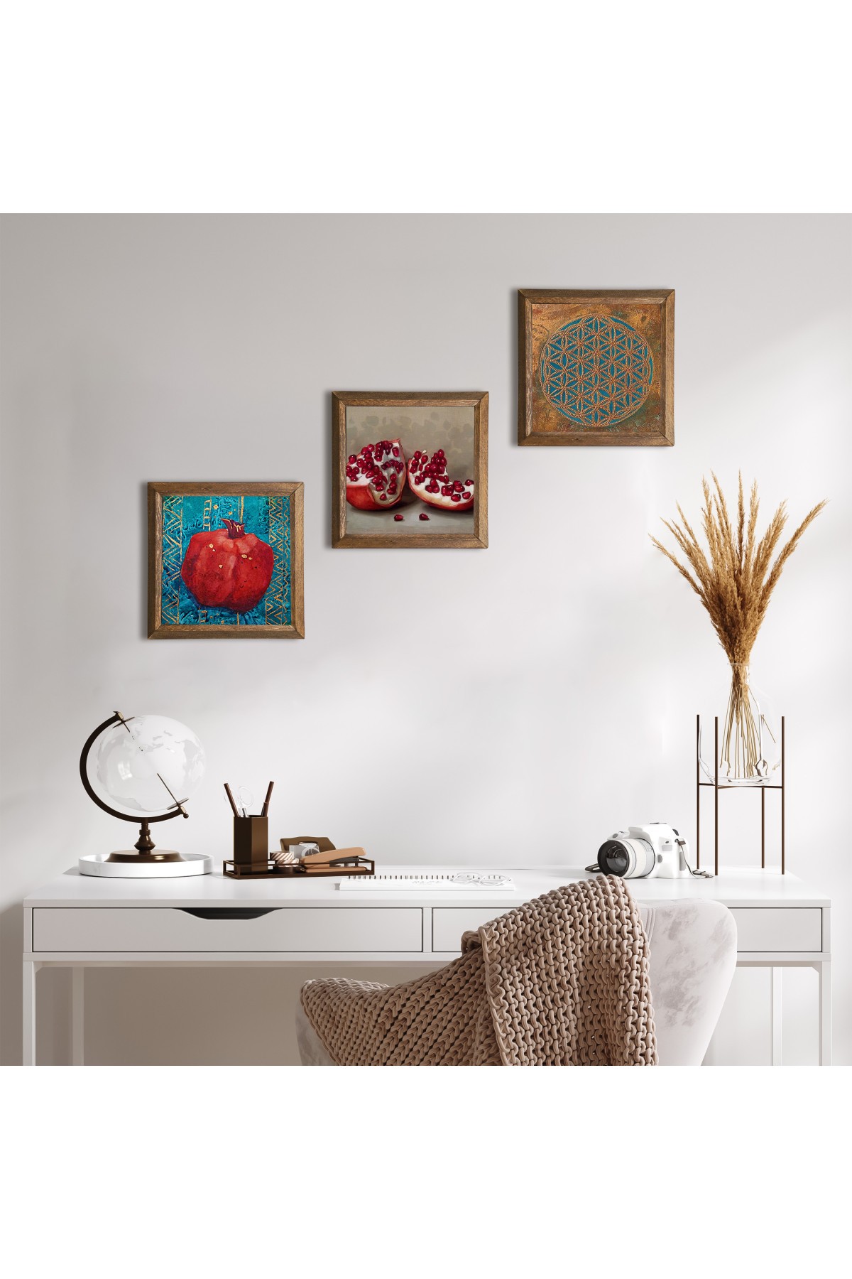 Yaşam Çiçeği, Nar Taş Duvar Tablosu Ahşap Çerçeveli Duvar Dekoru 3 Parça Tablo Seti Wall Art