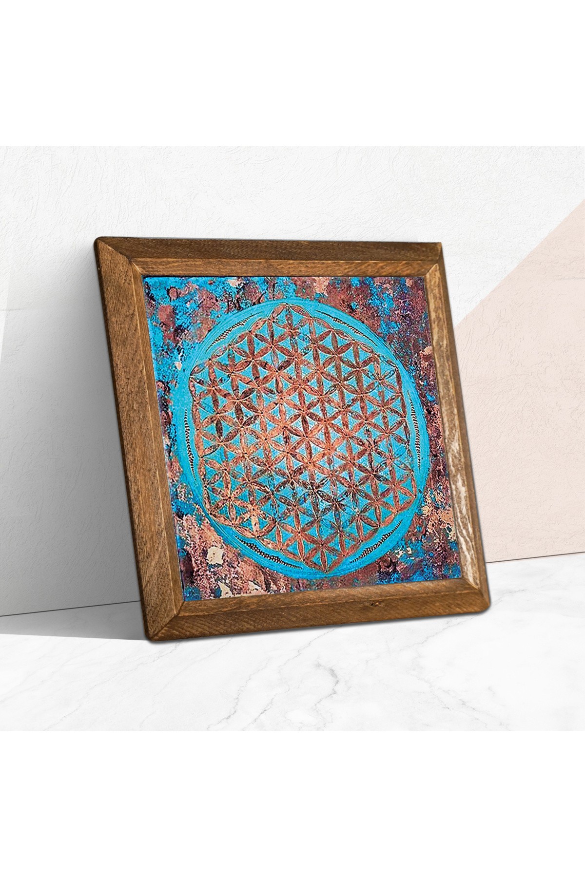 Yaşam Çiçeği Taş Duvar Tablosu Ahşap Çerçeveli Duvar Dekoru Wall Art 25x25cm