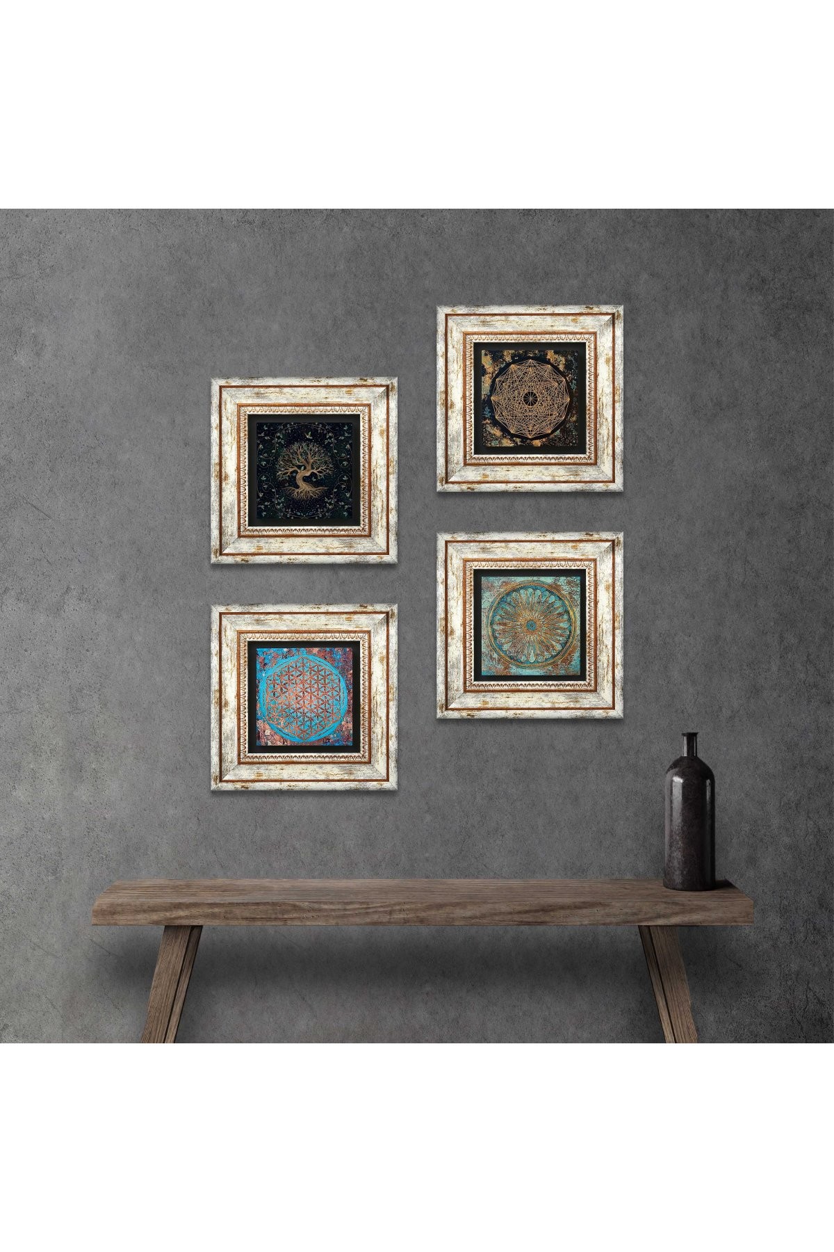 Sri Yantra, Yaşam Çiçeği, Hayat Ağacı Taş Duvar Tablosu Çerçeveli Duvar Dekoru 4 Parça Tablo Seti Wall Art