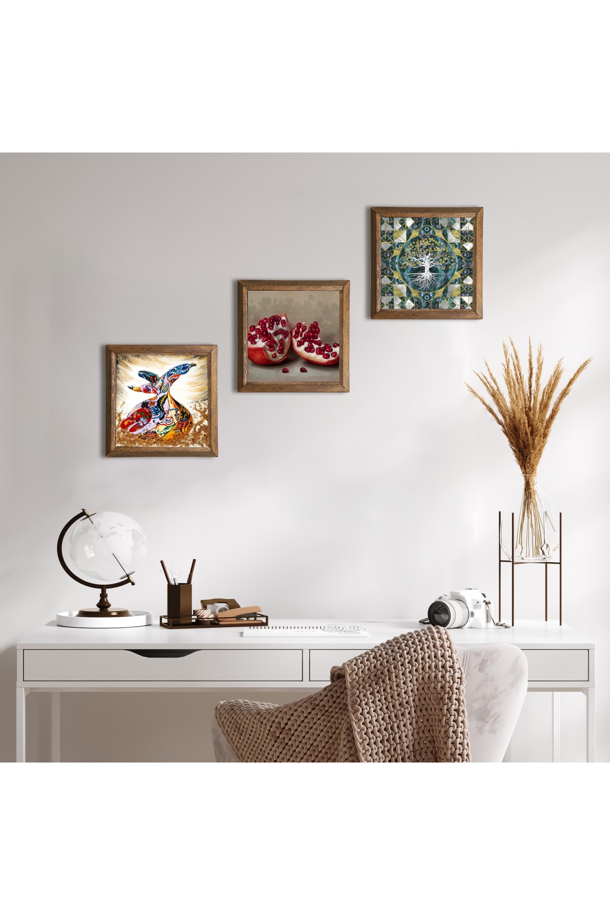 Tree of Life, Whirling Dervish, Pomegranate Stone Wall Painting Wooden Framed Wall Decor 3 Piece Painting Set Wall Art