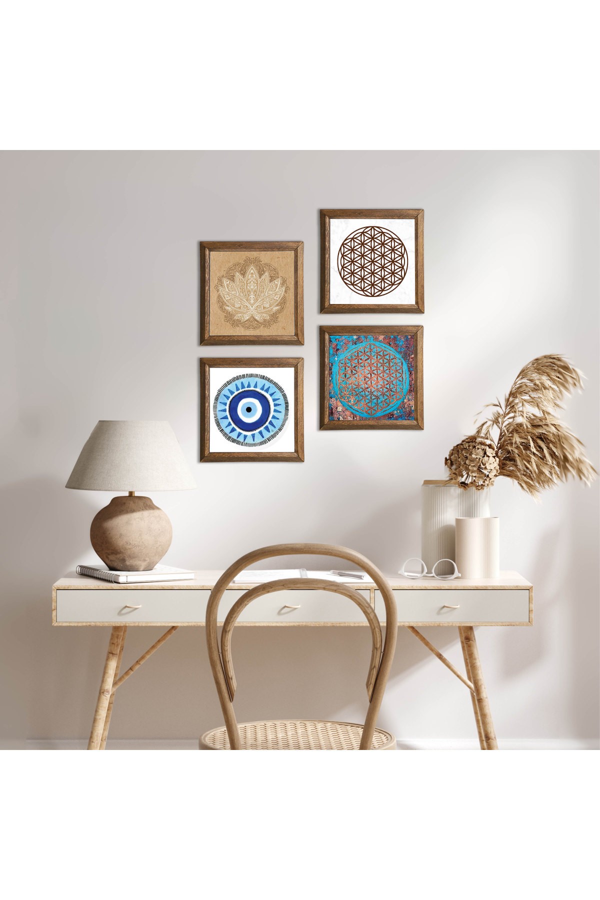 Nazar, Lotus Çiçeği, Yaşam Çiçeği Taş Duvar Tablosu Ahşap Çerçeveli Duvar Dekoru 4 Parça Tablo Seti Wall Art