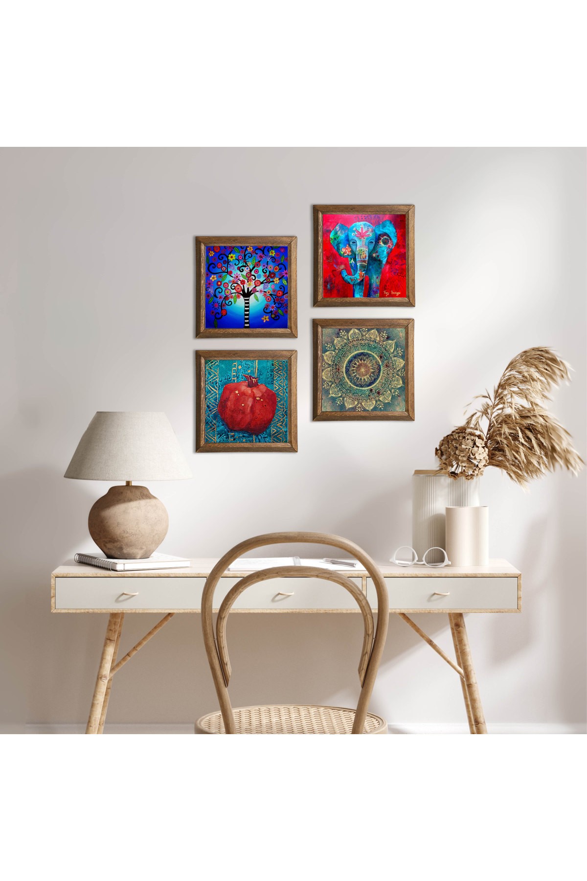 Mandala, Fil, Hayat Ağacı, Nar Taş Duvar Tablosu Ahşap Çerçeveli Duvar Dekoru 4 Parça Tablo Seti Wall Art