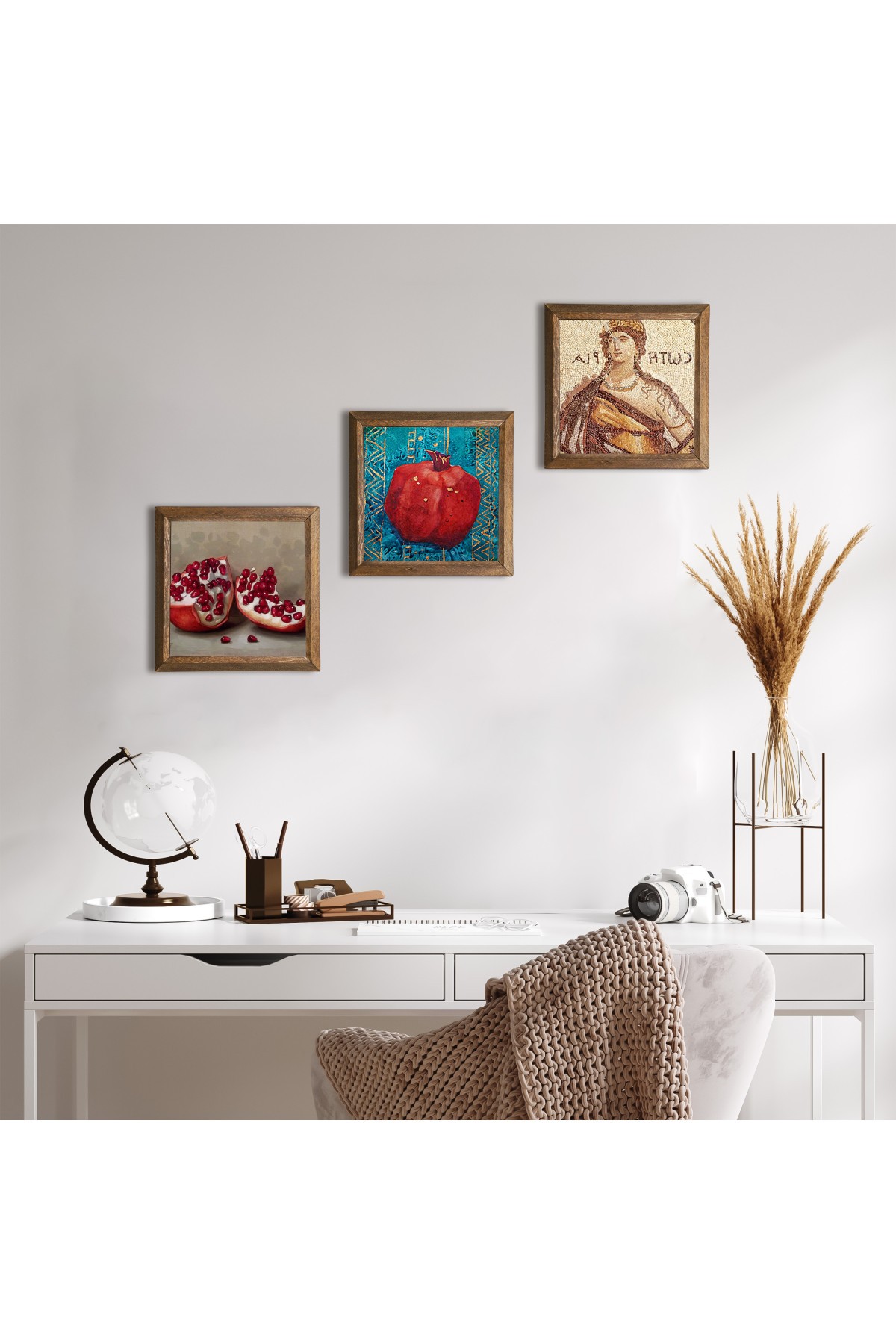 Soteria Mosaic, Pomegranate Stone Wall Painting Wood Framed Wall Decor 3 Piece Painting Set Wall Art