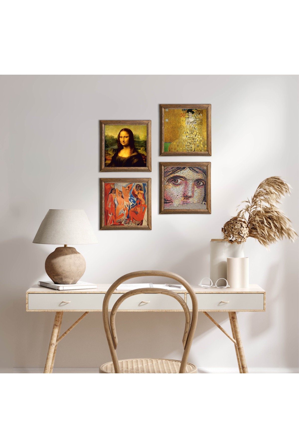 Picasso, Gustav Klimt, Leonardo da Vinci, Gypsy Girl Stone Wall Painting Wooden Framed Wall Decor 4 Piece Painting Set Wall Art