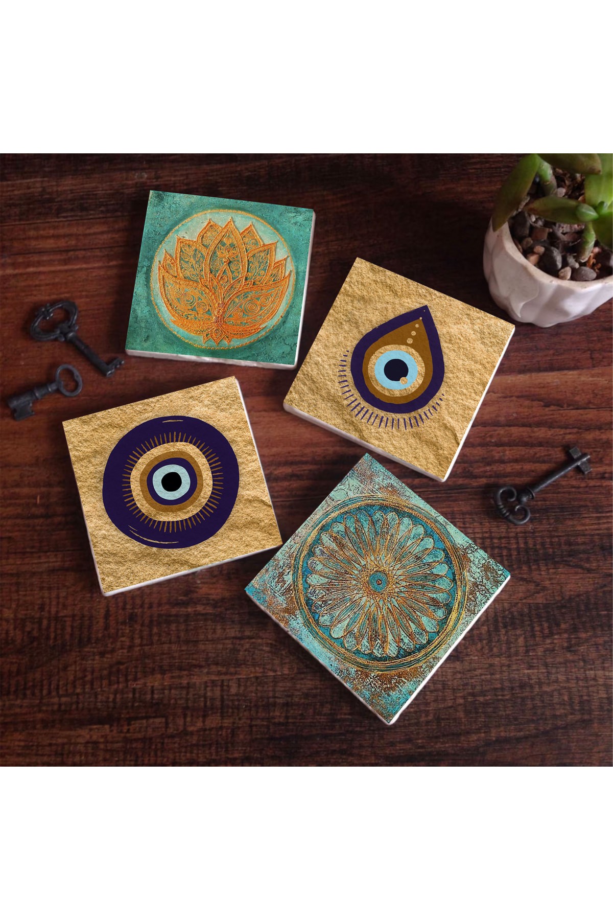 Nazar, Lotus Çiçeği, Yaşam Çiçeği Taş Bardak Altlığı Masaüstü Koruyucu Altlık 4 Parça Set 10x10cm Stone Coasters