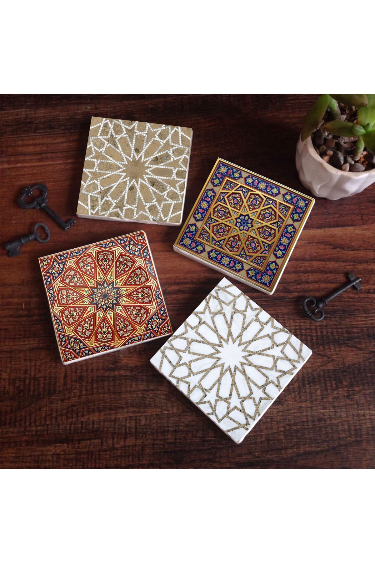 Etnik Desen Taş Bardak Altlığı Masaüstü Koruyucu Altlık 4 Parça Set 10x10cm Stone Coasters