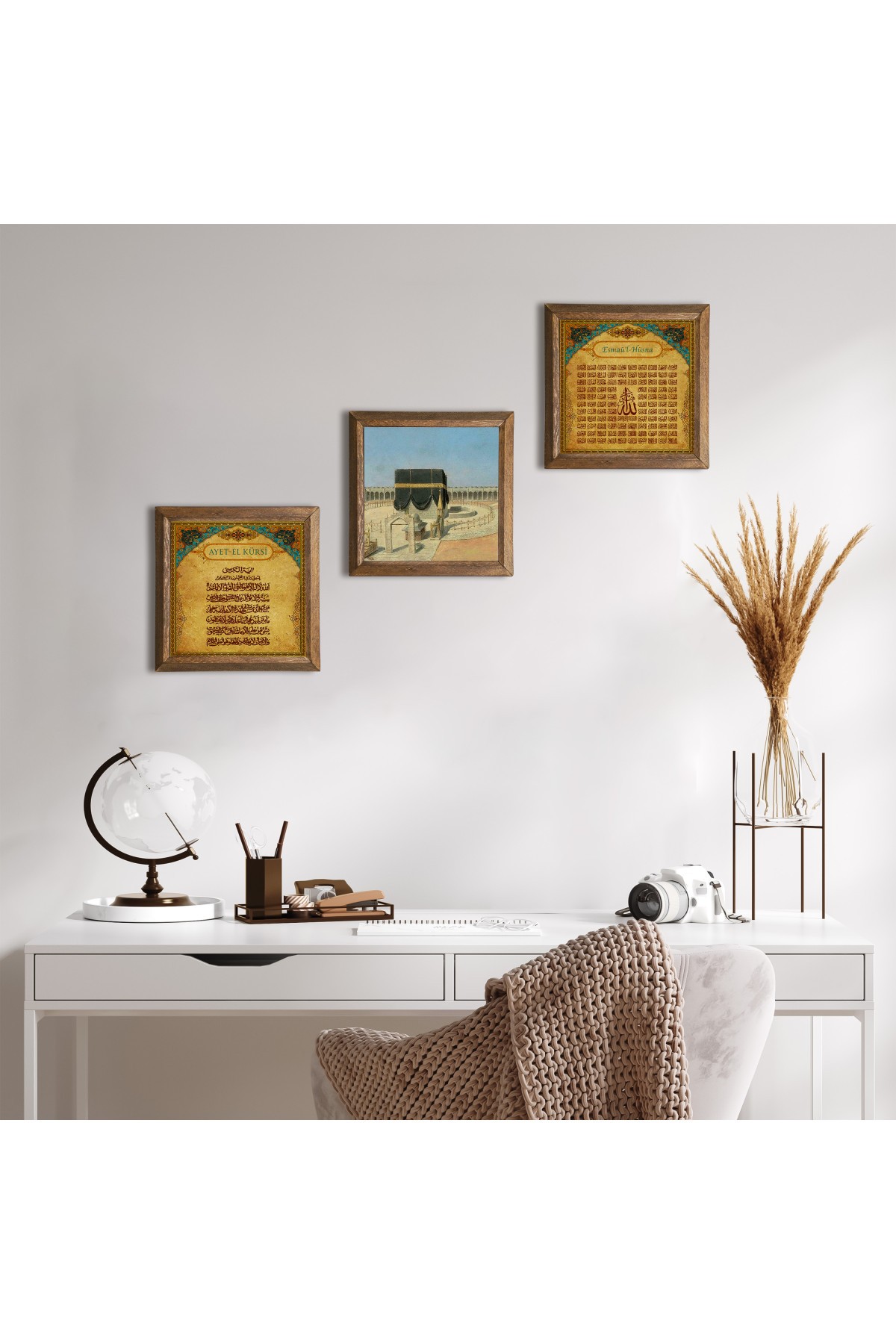 Kaaba-i Muazzama, Ayat al-Kursi, Esma'ul Husna Stone Wall Painting Wooden Framed Wall Decoration 3 Piece Painting Set Wall Art