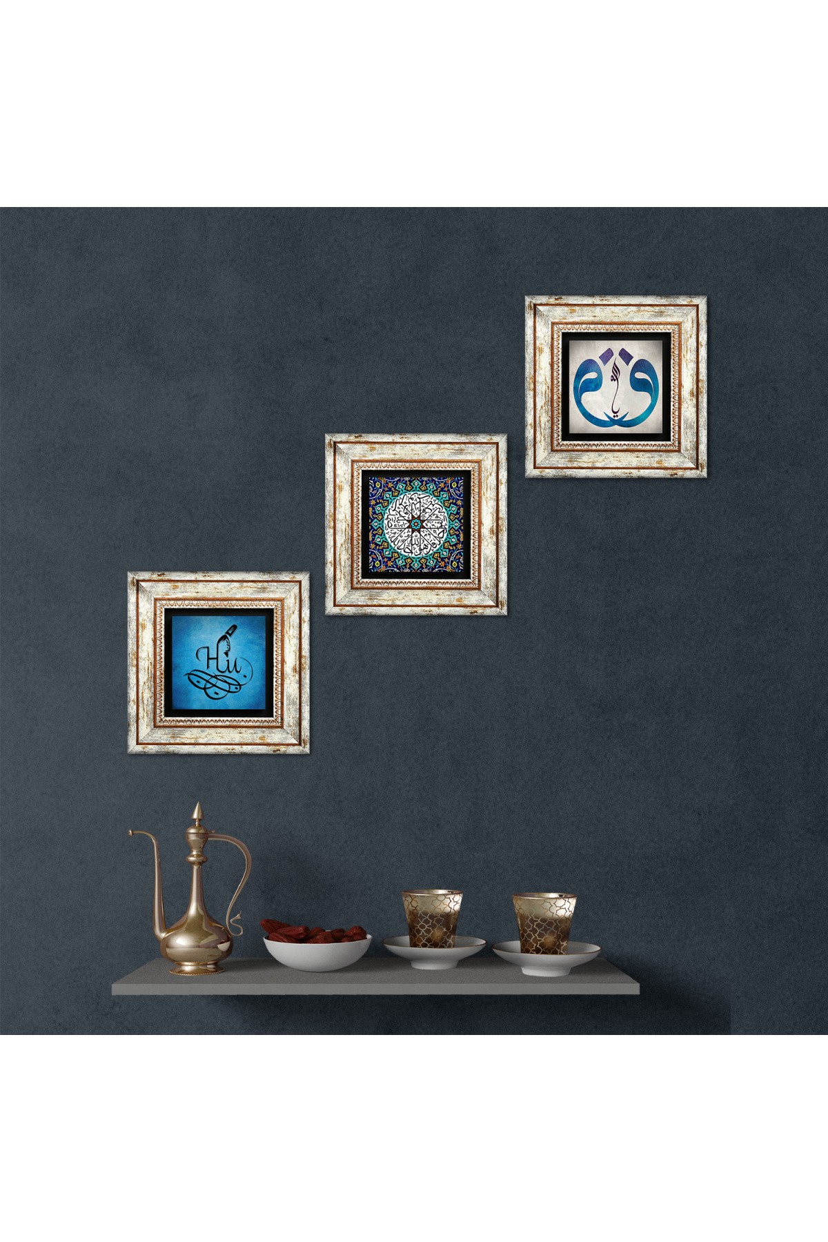 Vav, Surah Al-Ikhlas, Hu Stone Wall Painting Framed Wall Decoration 3 Piece Painting Set Wall Art