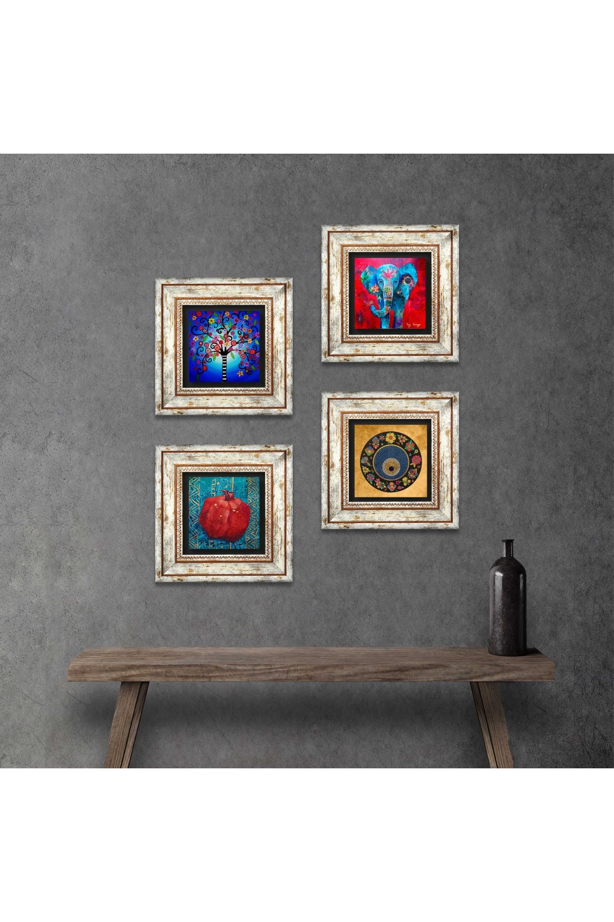 Elephant, Evil Eye, Tree of Life, Pomegranate Stone Wall Painting Framed Wall Decor 4 Piece Painting Set Wall Art