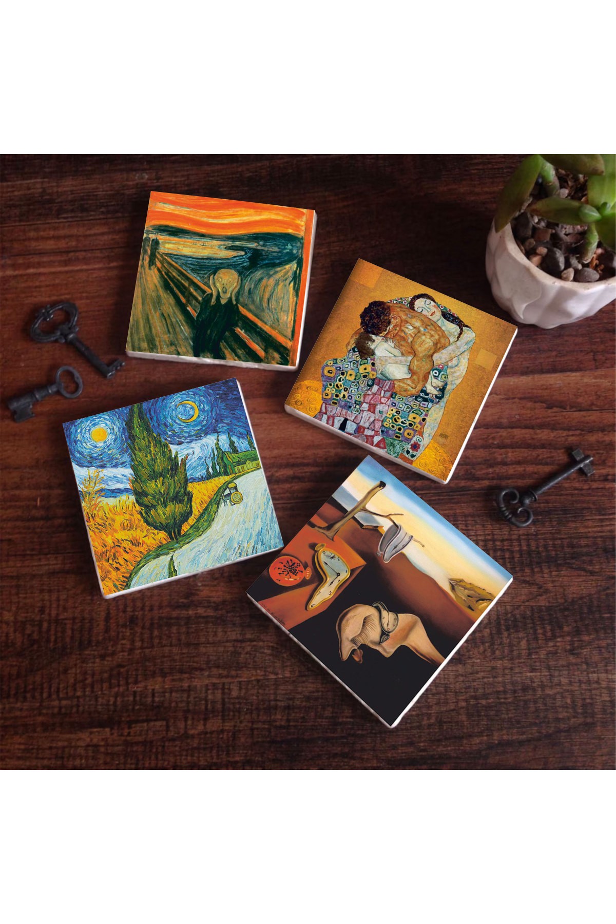 Dalí Belleğin Azmi, Van Gogh Selvili Yol, Çığlık, Klimt Aile Kucaklama Taş Bardak Altlığı Masaüstü Koruyucu Altlık 4 Parça Set 10x10cm Stone Coasters