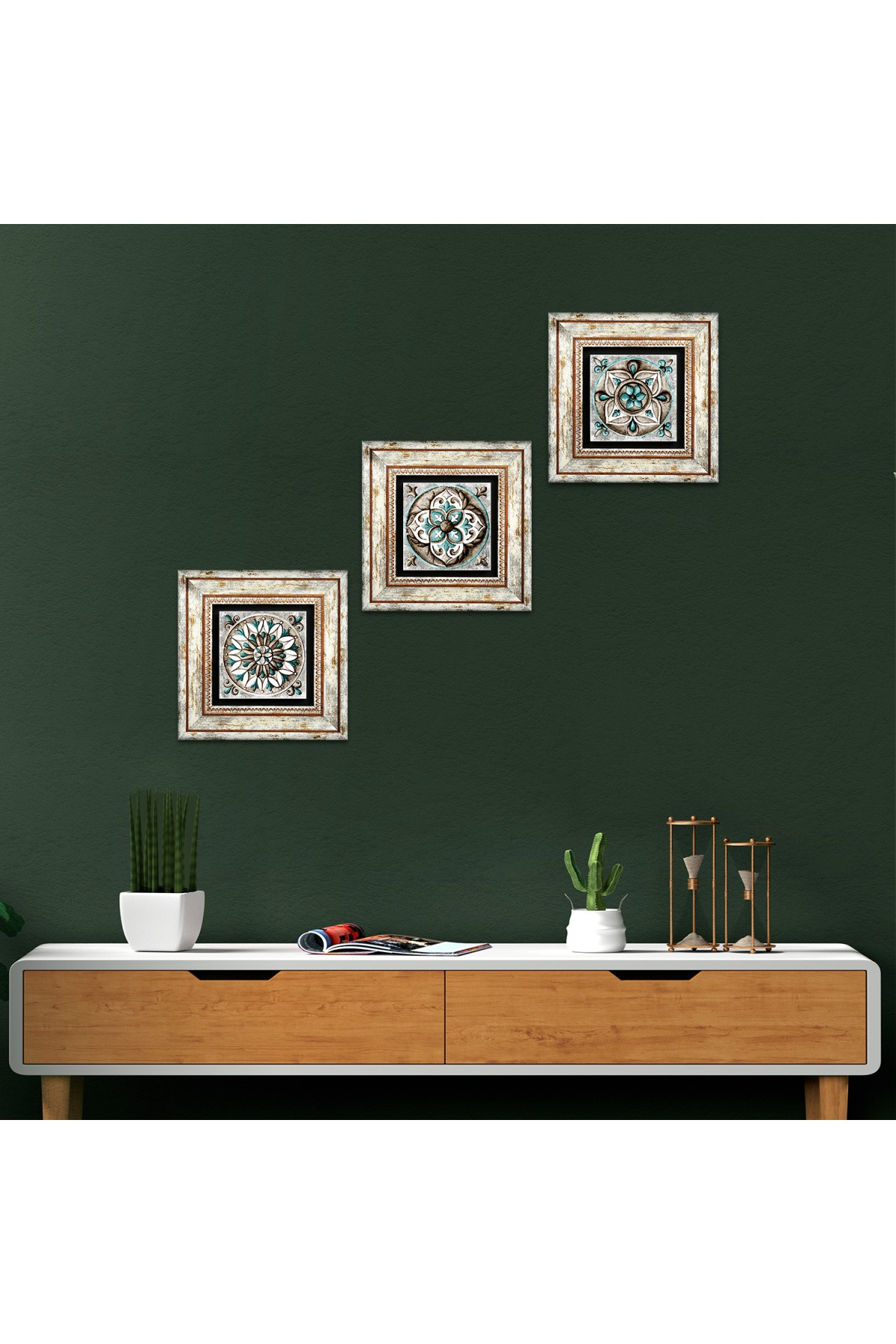 Çini Sanatı Taş Duvar Tablosu Çerçeveli Duvar Dekoru 3 Parça Tablo Seti Wall Art