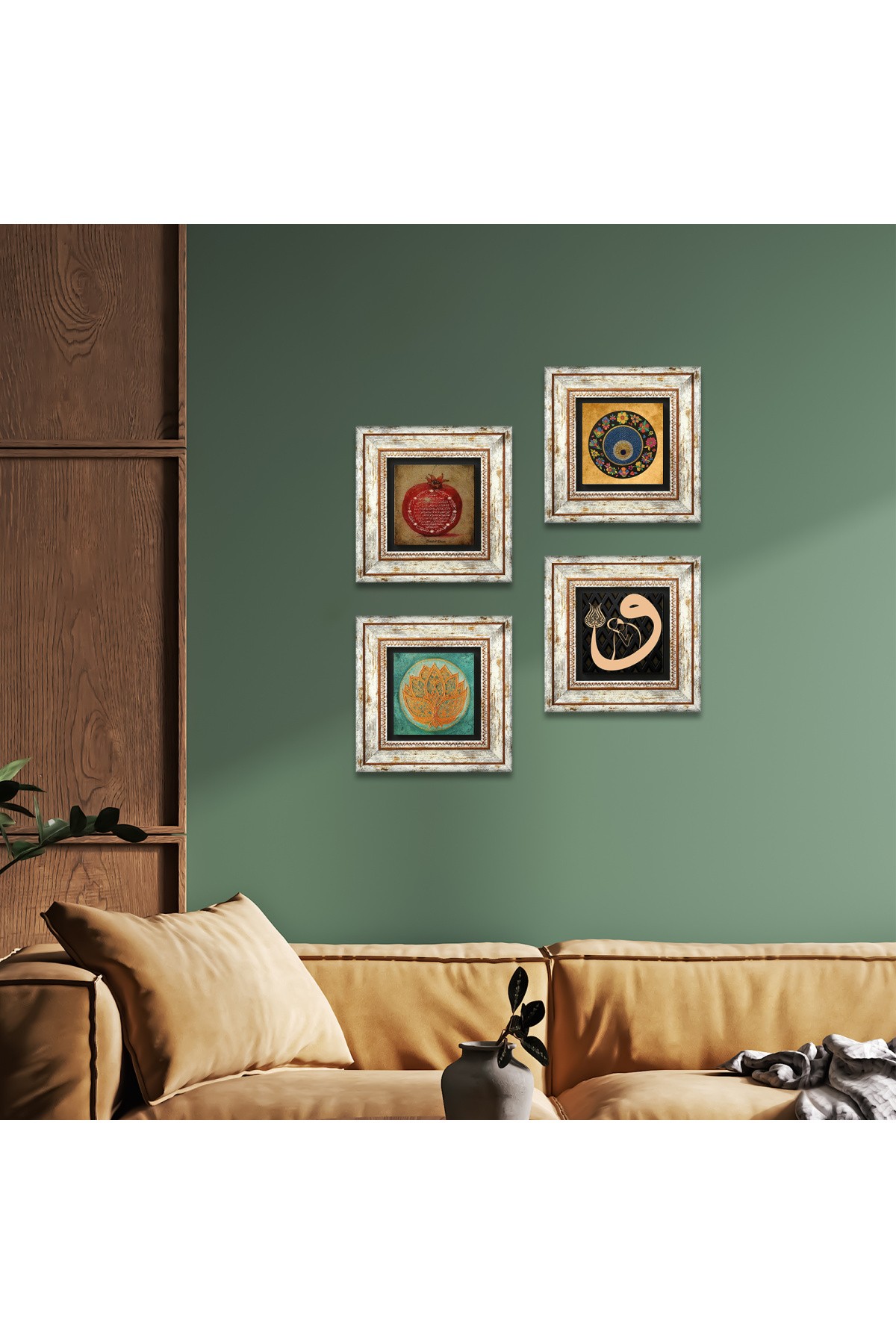 Lotus Çiçeği, Vav, Nazar, Bereket Duası Taş Duvar Tablosu Çerçeveli Duvar Dekoru 4 Parça Tablo Seti Wall Art