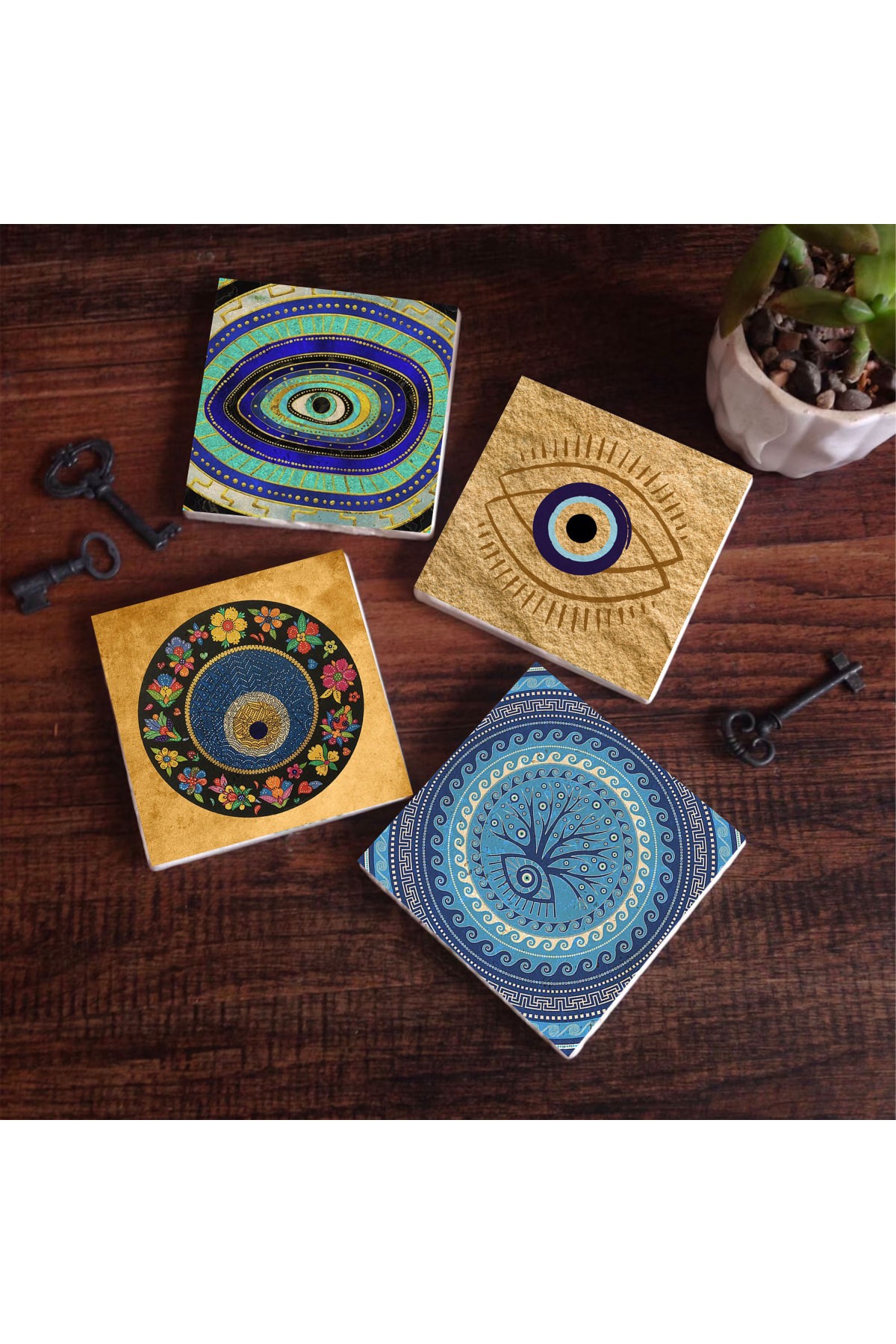 Evil Eye Stone Coaster Desktop Protective Coaster 4 Piece Set 10x10cm Stone Coasters