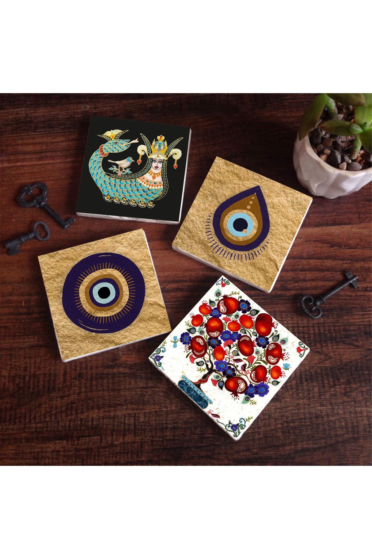 Evil Eye, Shahmaran, Pomegranate Tree Stone Coasters Desktop Protective Coasters 4 Piece Set 10x10cm Stone Coasters