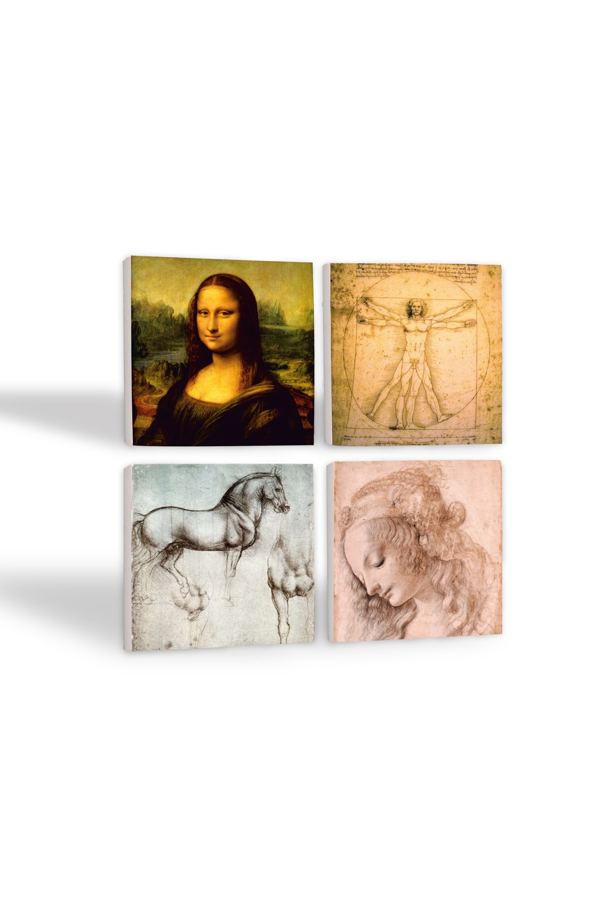 Da Vinci Mona Lisa, Genç Bir Kadının Baş Profili, Vitruvius Adamı, At Heykeli Taş Bardak Altlığı Masaüstü Koruyucu Altlık 4 Parça Set 10x10cm Stone Coasters