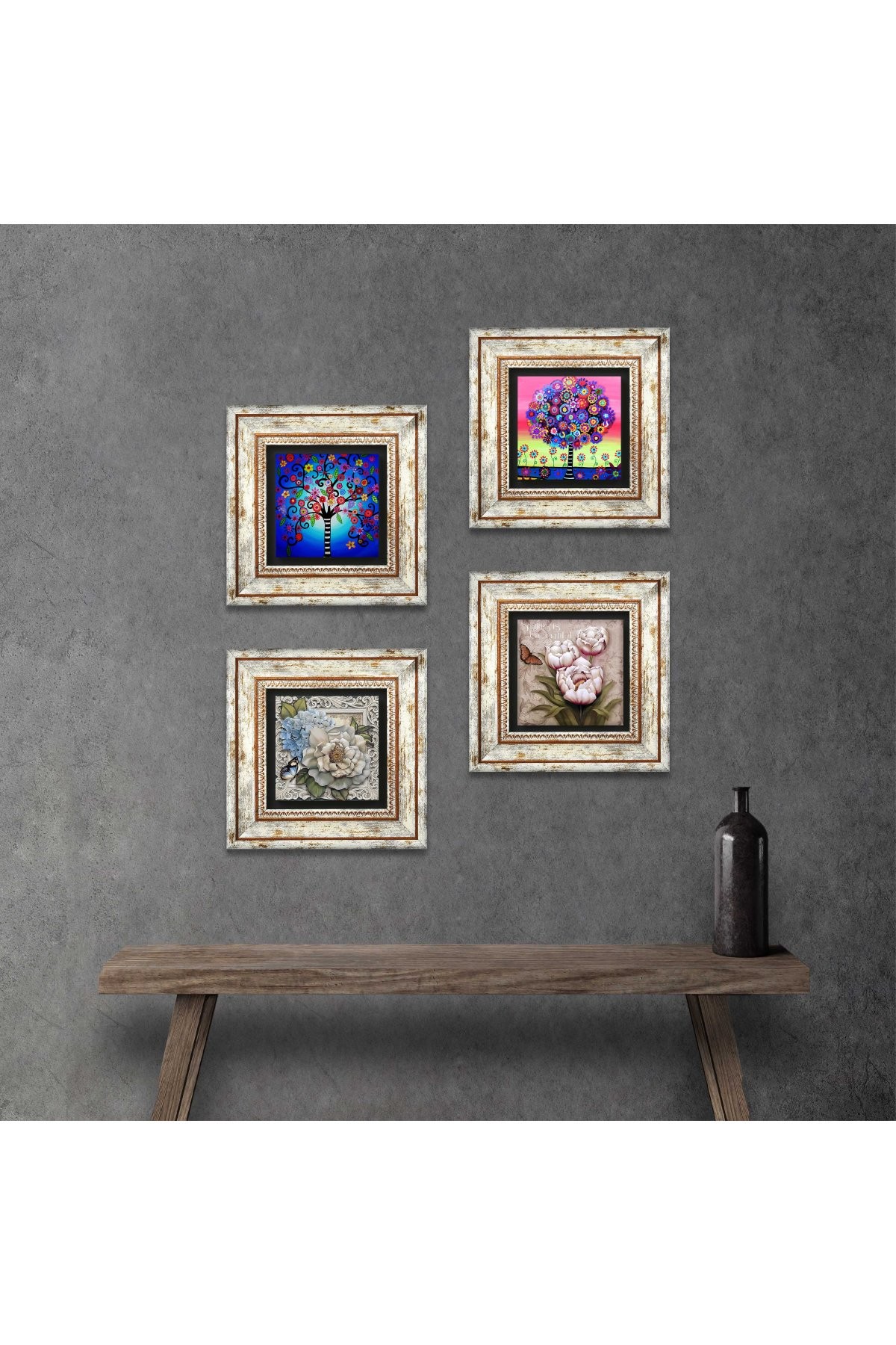 Butterfly Flower, Tree of Life Stone Wall Painting Framed Wall Decor 4 Piece Painting Set Wall Art