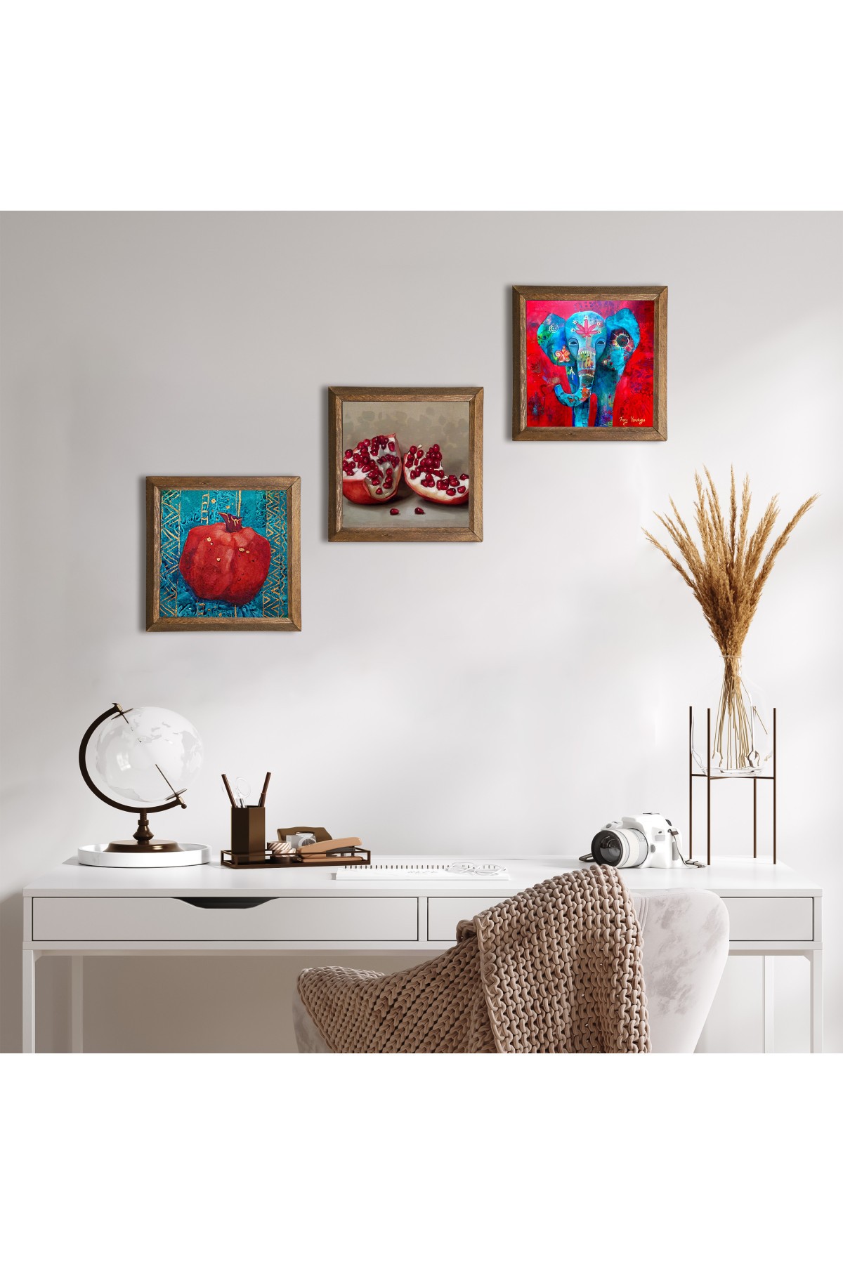 Elephant, Pomegranate Stone Wall Painting Wooden Framed Wall Decor 3 Piece Painting Set Wall Art