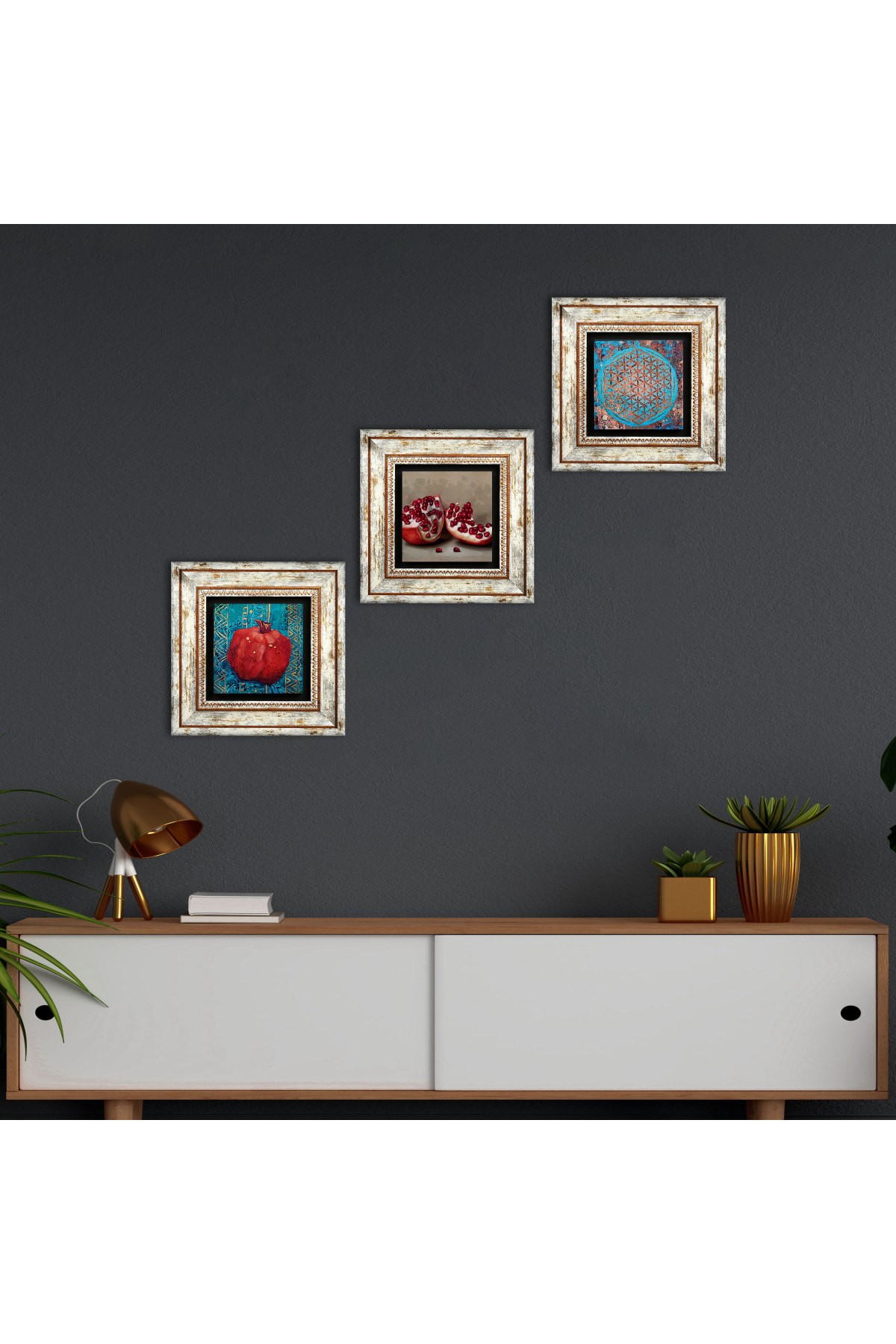 Yaşam Çiçeği, Nar Taş Duvar Tablosu Çerçeveli Duvar Dekoru 3 Parça Tablo Seti Wall Art