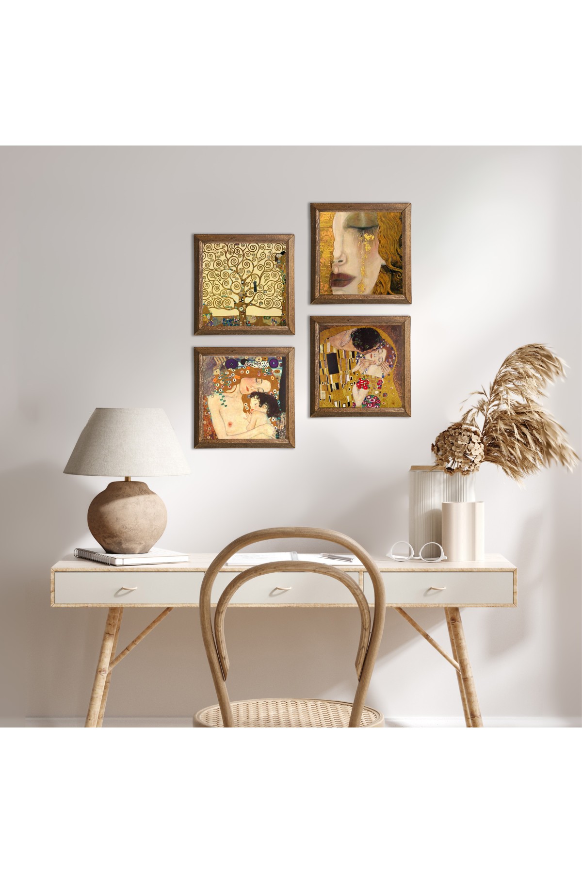 Gustav Klimt Altın Gözyaşları, Anne Çocuk, Öpücük, Hayat Ağacı Taş Duvar Tablosu Ahşap Çerçeveli Duvar Dekoru 4 Parça Tablo Seti Wall Art