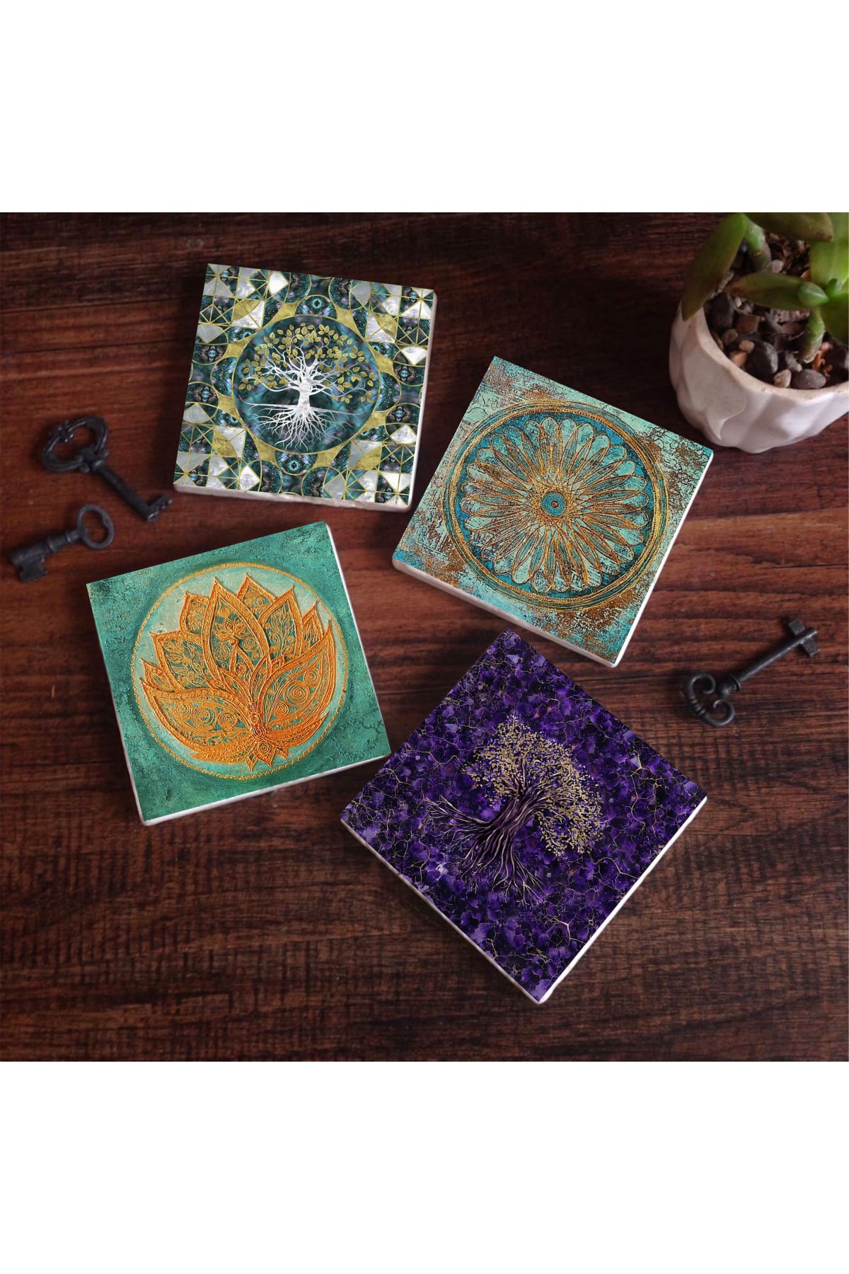 Tree of Life, Lotus Flower, Flower of Life Stone Coasters Desktop Protective Coasters 4 Piece Set 10x10cm Stone Coasters